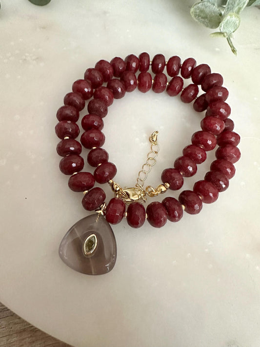 Dark Ruby Jade Beaded Necklace with Smokey Quartz Pendant