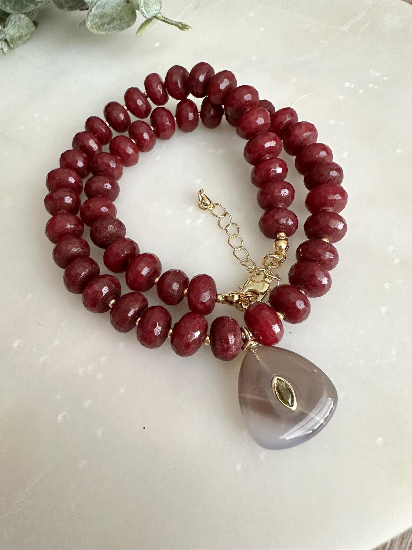 Dark Ruby Jade Beaded Necklace with Smokey Quartz Pendant