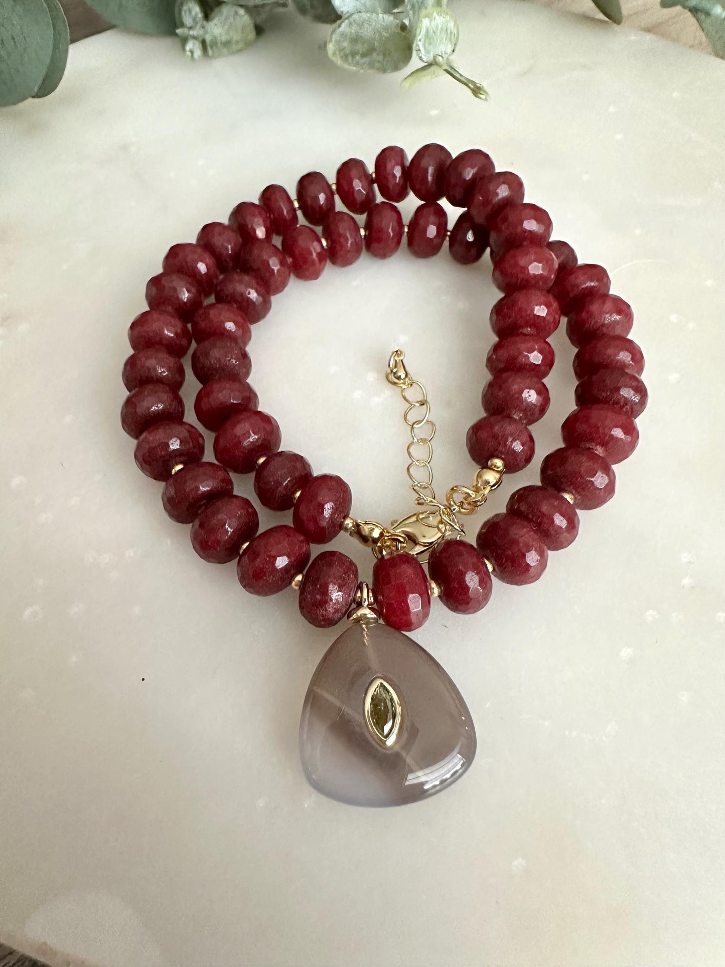 Dark Ruby Jade Beaded Necklace with Smokey Quartz Pendant