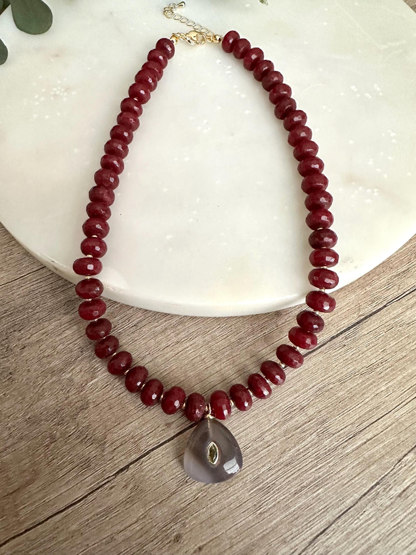 Dark Ruby Jade Beaded Necklace with Smokey Quartz Pendant
