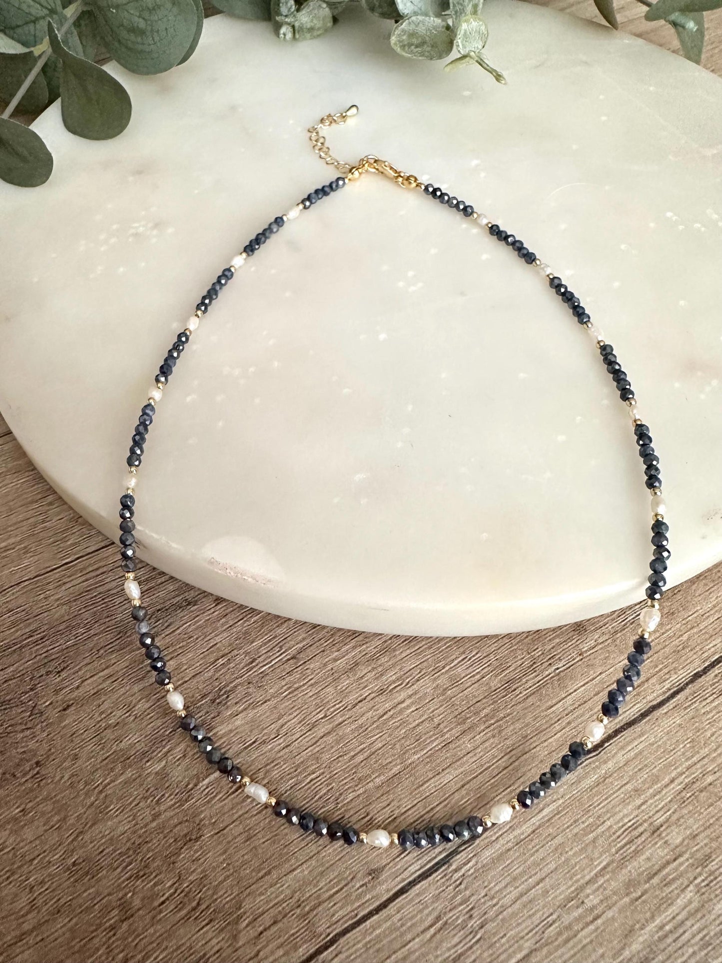 Blue Sapphire & Pearl Necklace – Delicate Faceted Sapphire Beads with Freshwater Pearls, Timeless Minimal Jewelry