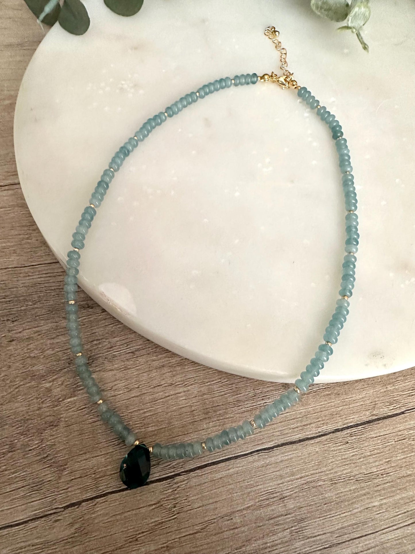 Light Teal Jade Beaded Necklace with Teal Quartz Drop Pendant