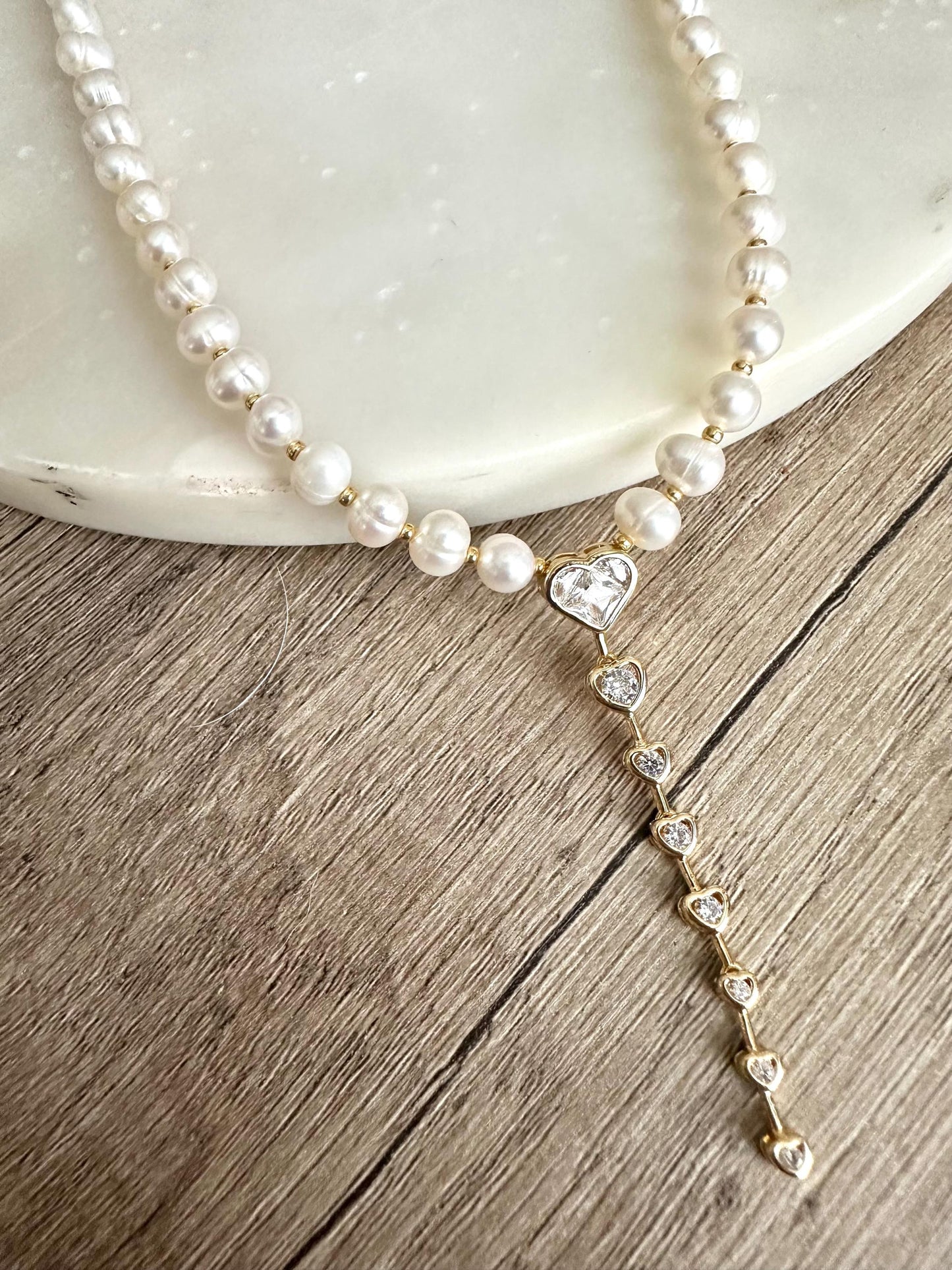 Freshwater Pearl Heart Necklace, Gold Heart Drop Necklace, Dainty Pearl Necklace, Romantic Pearl Jewelry, Bridal Necklace, Gift for Her