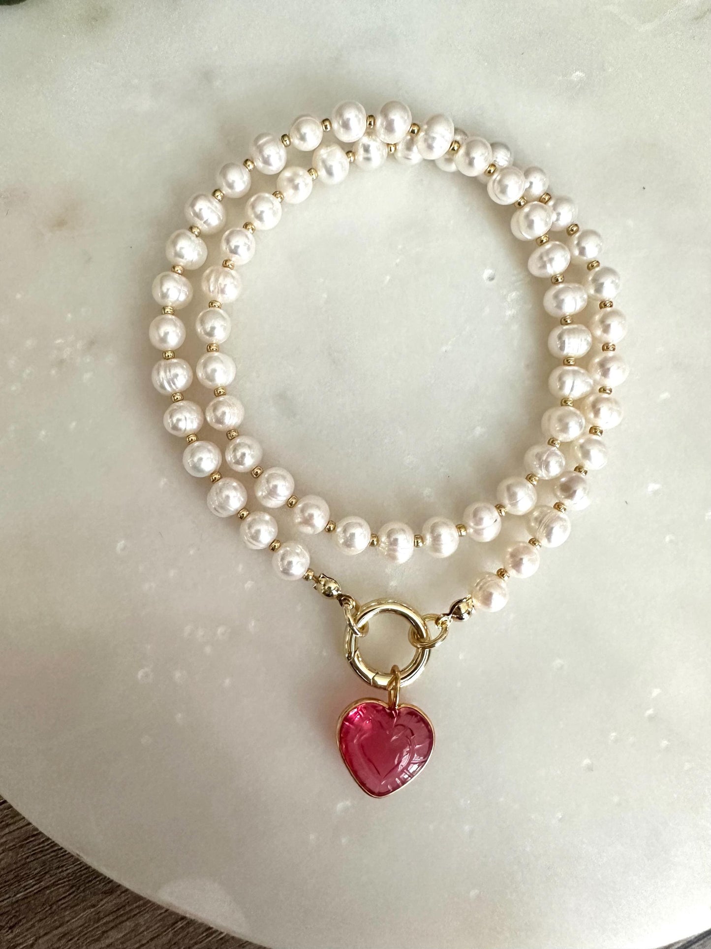 Freshwater Pearl Necklace with Pink Heart Charm, Gold Carabiner Clasp, Valentine’s Day Romantic Jewelry Gift
