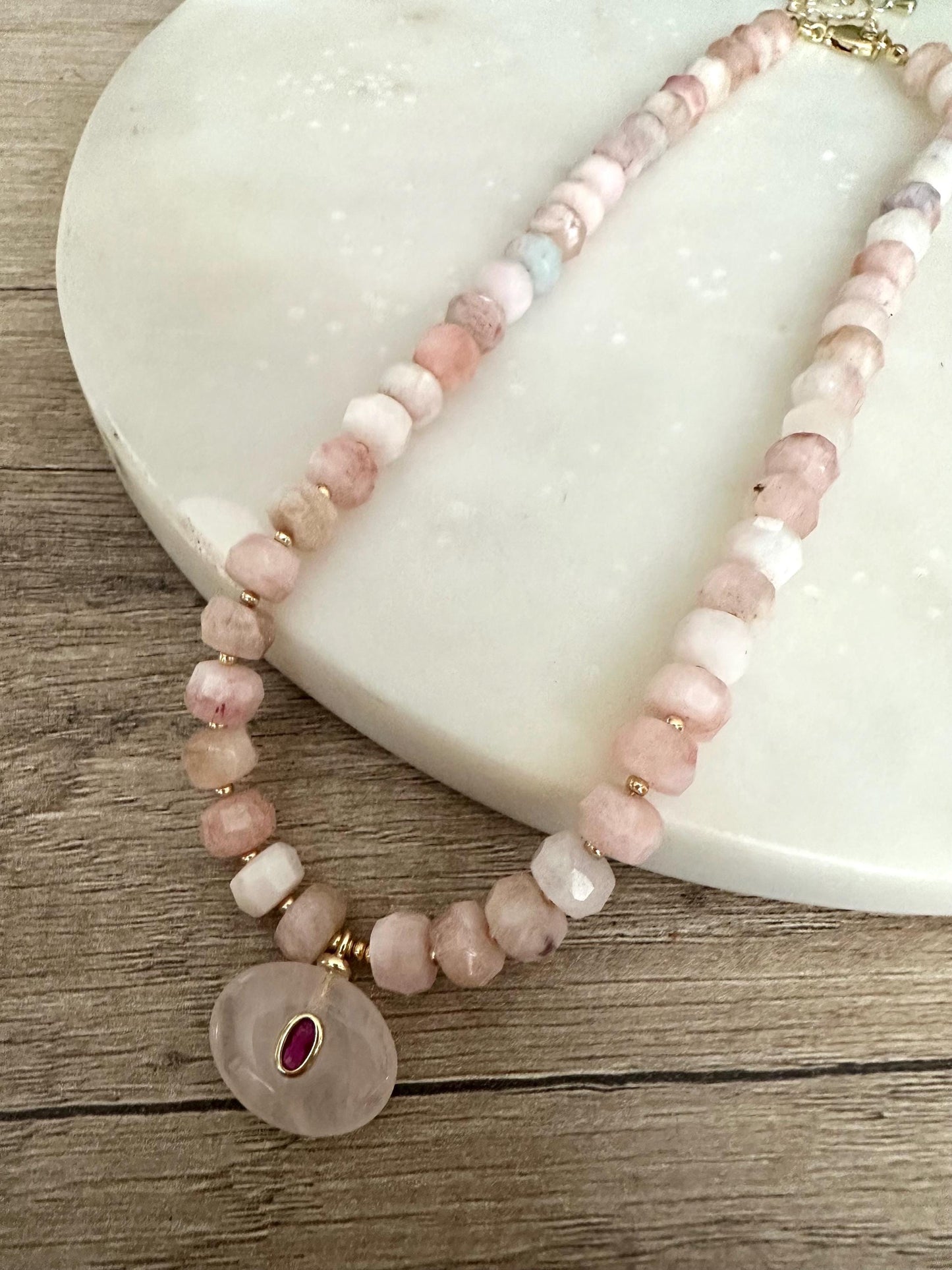 Morganite and Rose Quartz Necklace, Pink Gemstone Beaded Necklace, Handmade Romantic Jewelry, Gold Filled, Gift for Her