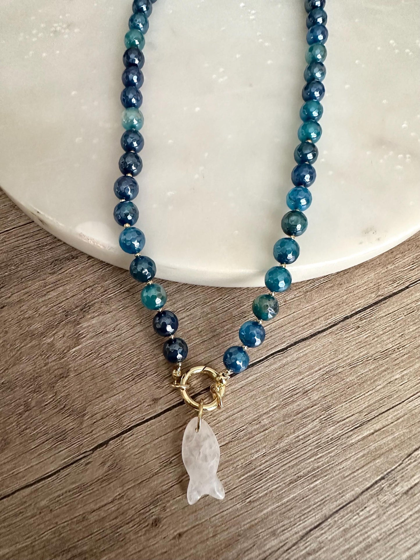 Blue Agate Beaded Necklace with White Quartz Fish Pendant, Gold Carabiner Clasp, Handmade Gemstone Necklace
