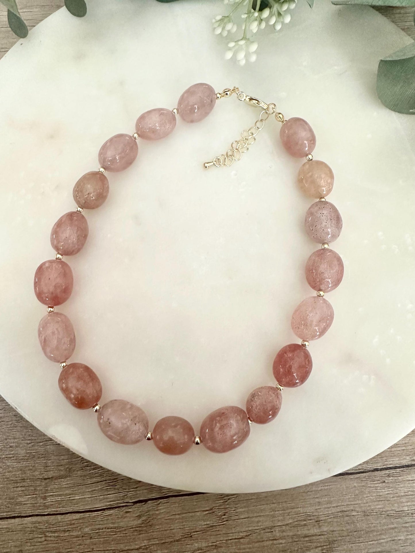 Strawberry Quartz Choker Necklace, Pink Gemstone Jewelry, Gold Filled Beaded Necklace, Everyday Minimal Necklace