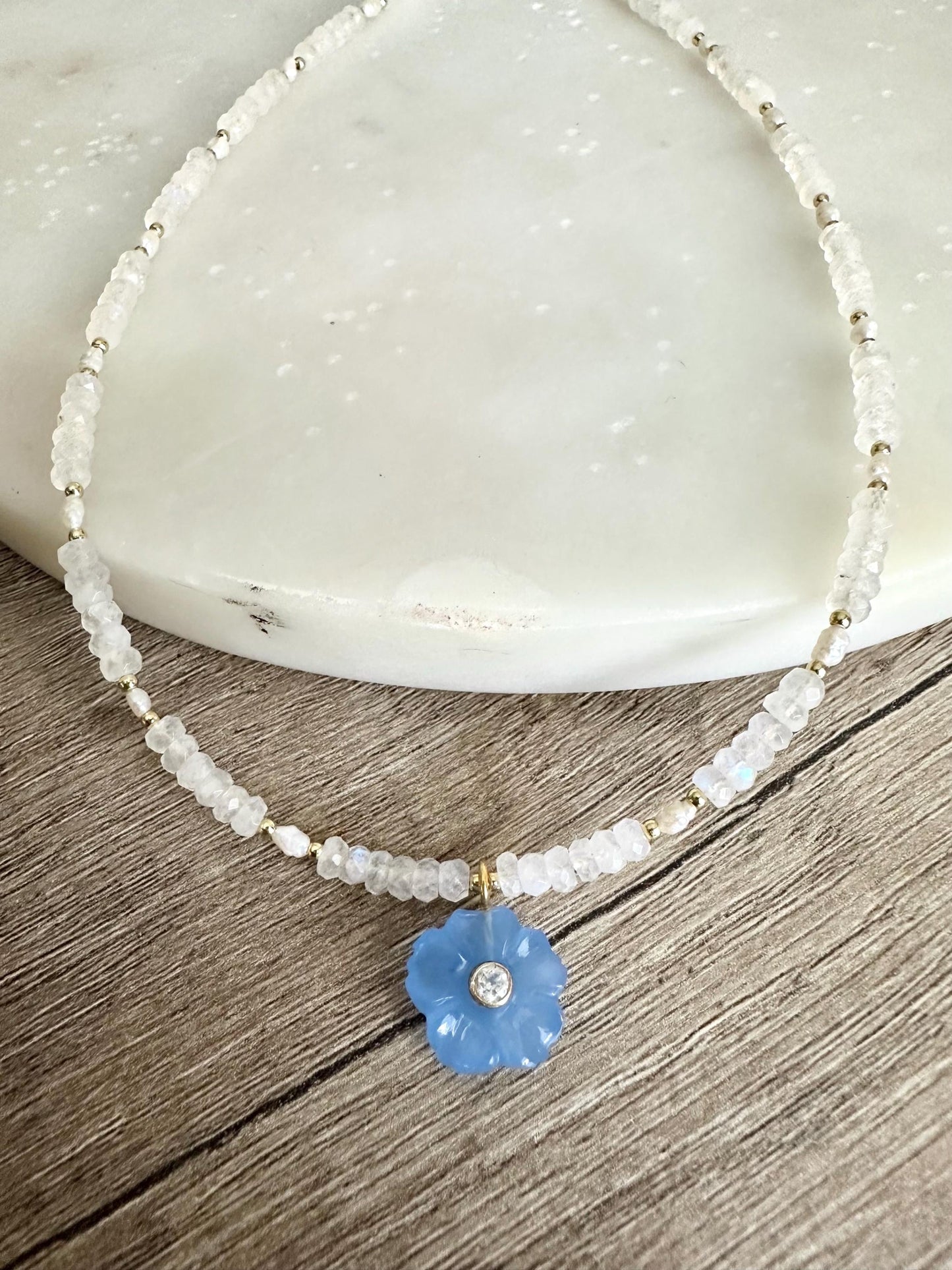 White Moonstone Necklace with Blue Opal Flower Pendant |  Gemstone Beaded Necklace