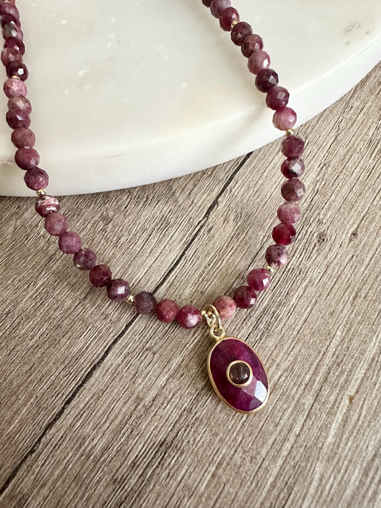 Red Tourmaline Beaded Necklace with Ruby Pendant, Gold Filled Necklace, Handmade Gemstone Jewelry
