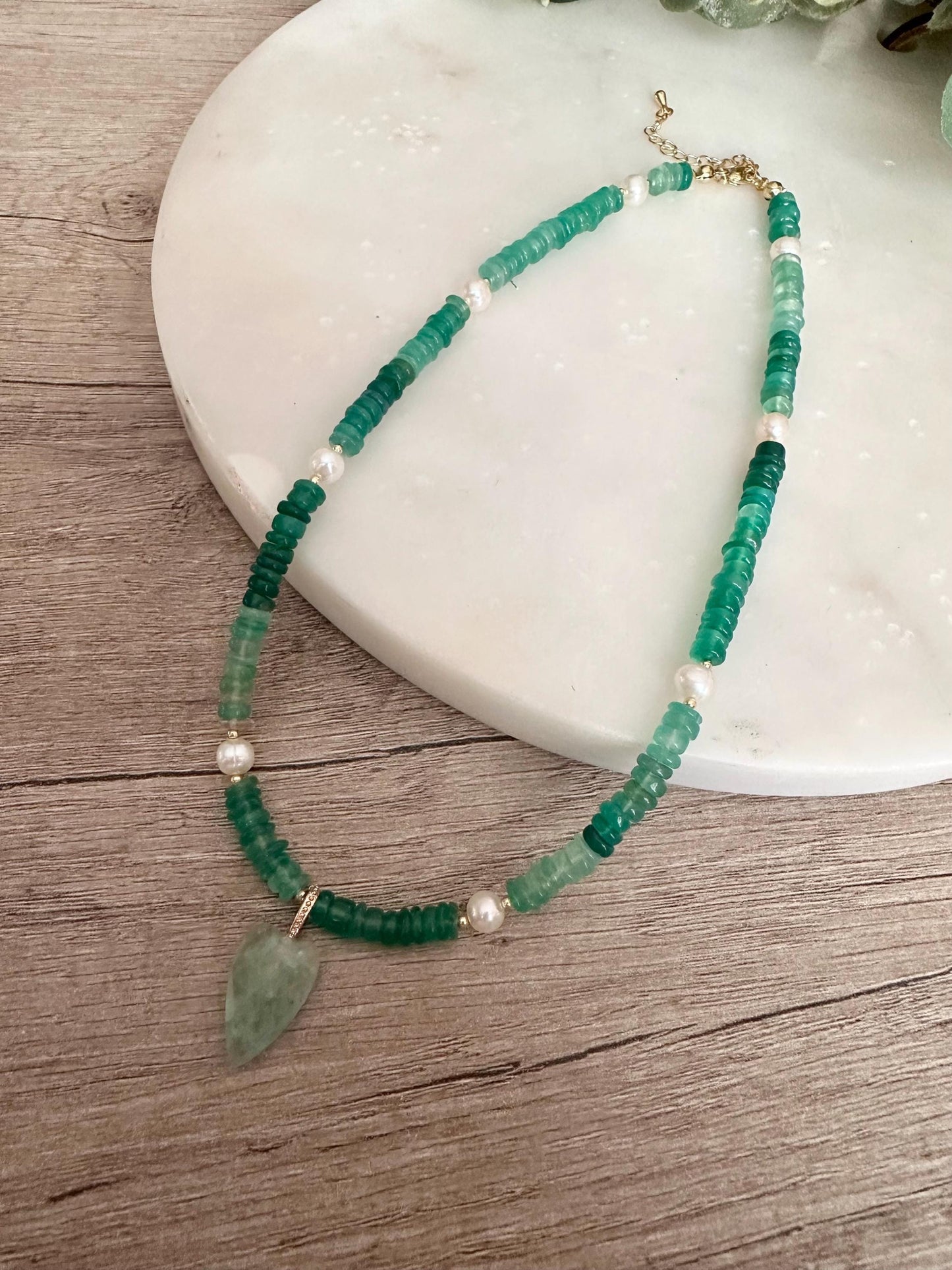Natural Green Onyx Heishi Beaded Necklace with Freshwater Pearls and Aventurine Heart