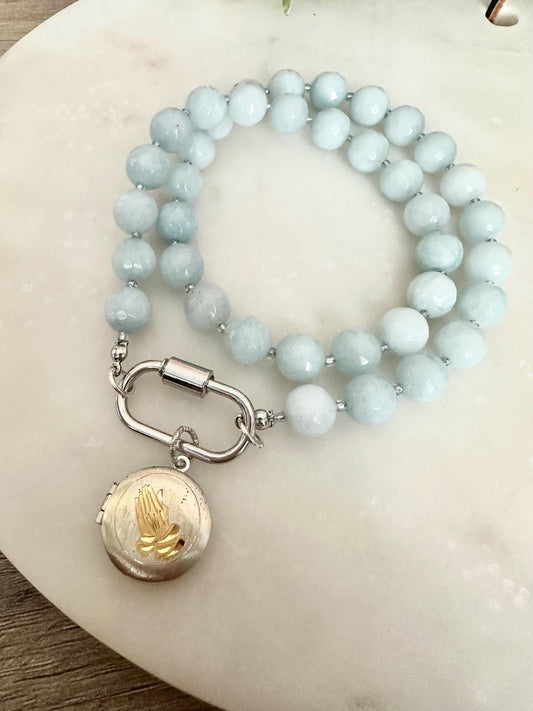 Light Blue Jade Beaded Necklace – Silver Praying Hands Locket Pendant