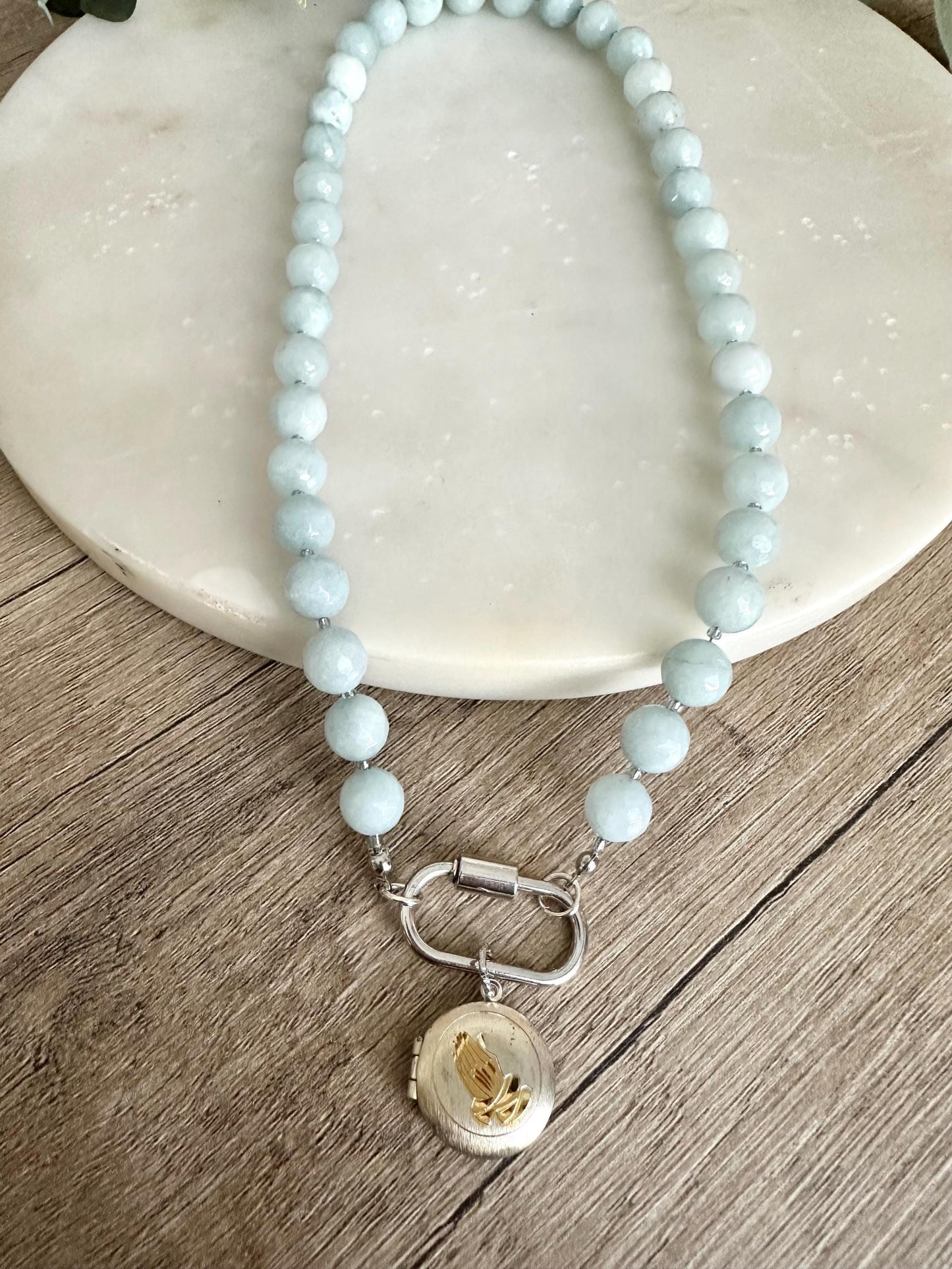 Light Blue Jade Beaded Necklace – Silver Praying Hands Locket Pendant