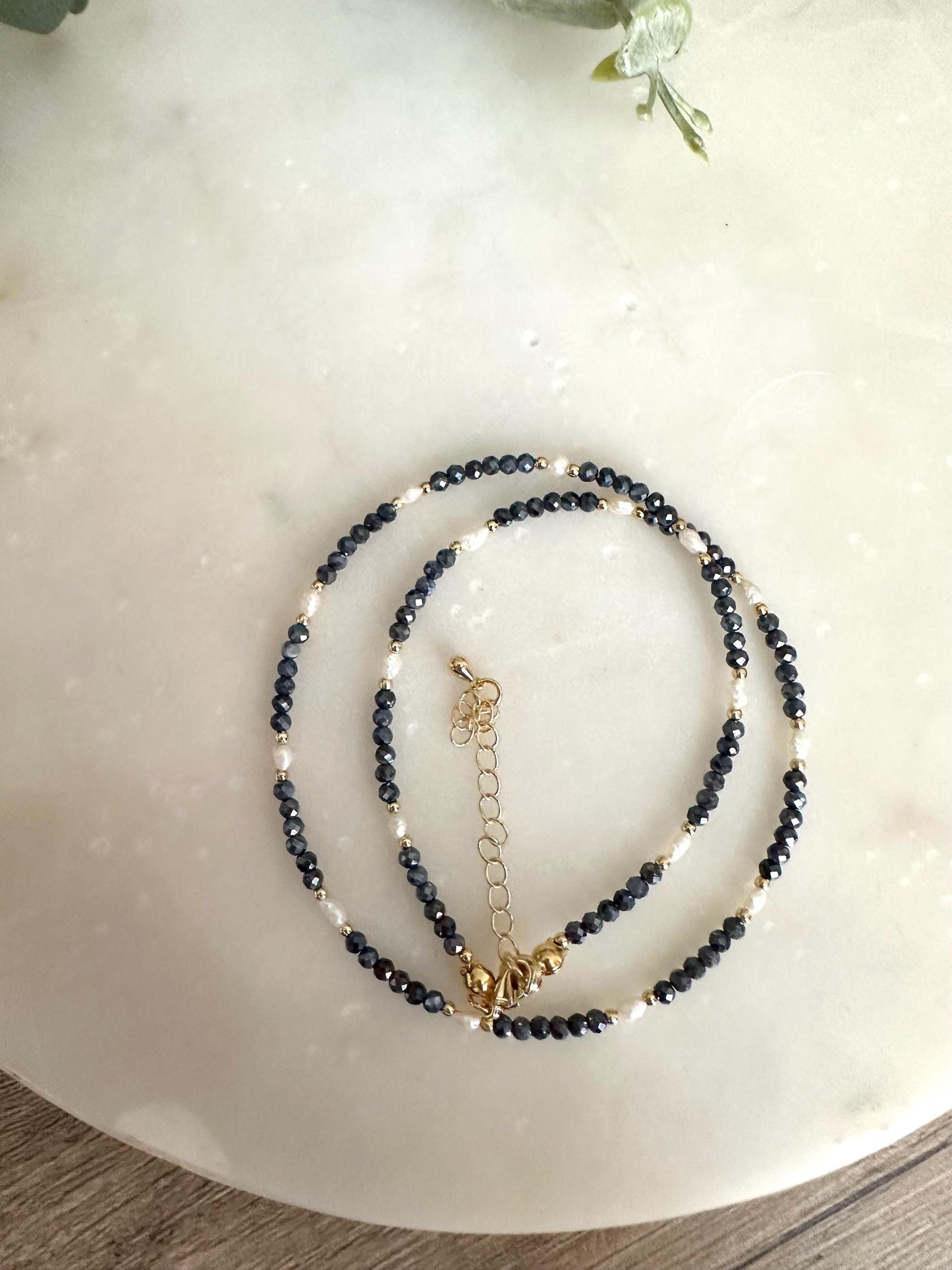 Blue Sapphire & Pearl Necklace – Delicate Faceted Sapphire Beads with Freshwater Pearls, Timeless Minimal Jewelry