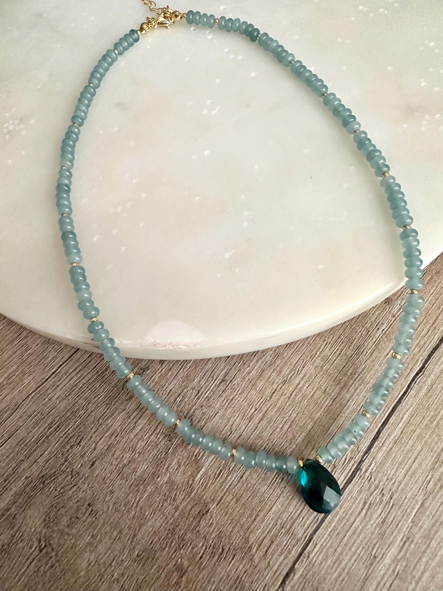 Light Teal Jade Beaded Necklace with Teal Quartz Drop Pendant