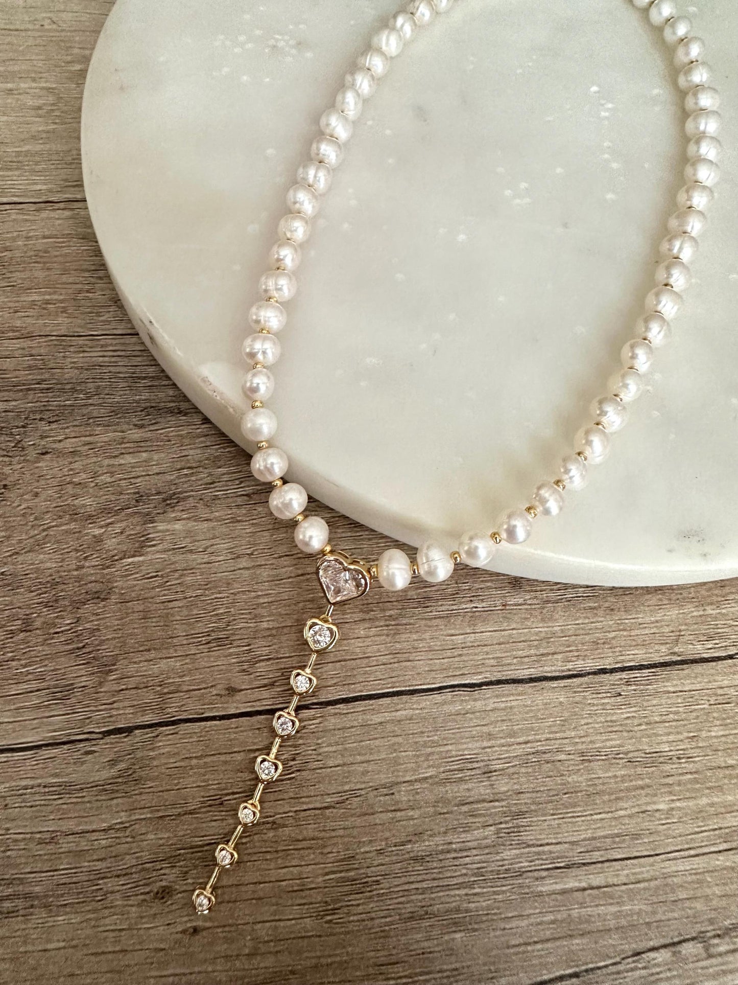 Freshwater Pearl Heart Necklace, Gold Heart Drop Necklace, Dainty Pearl Necklace, Romantic Pearl Jewelry, Bridal Necklace, Gift for Her