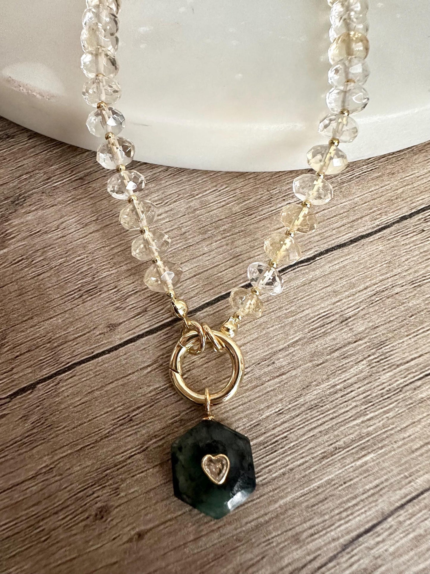 Citrine Gemstone Necklace with Emerald Heart Inlay Pendant, Gold Carabiner Clasp, Handmade Jewelry