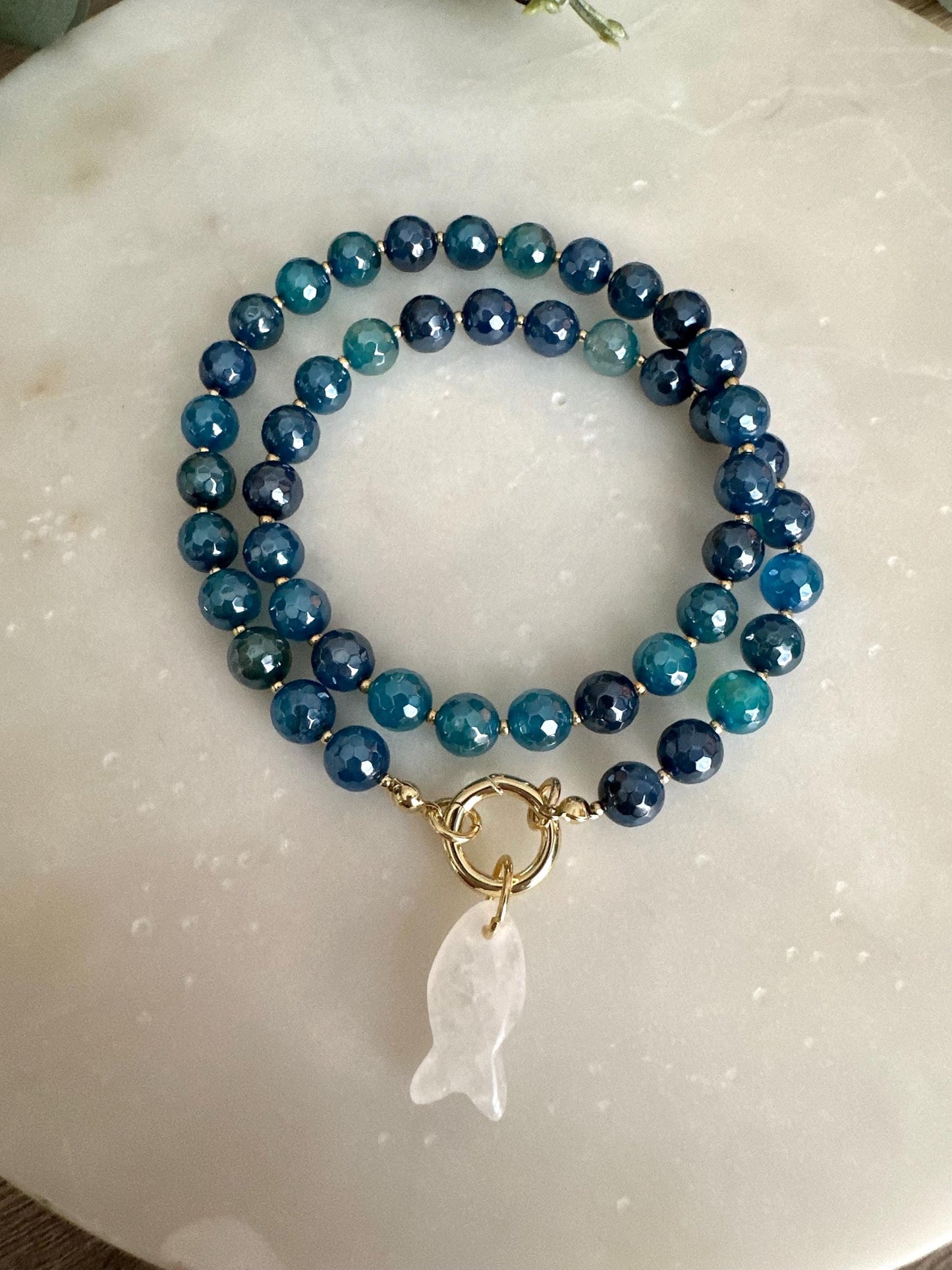 Blue Agate Beaded Necklace with White Quartz Fish Pendant, Gold Carabiner Clasp, Handmade Gemstone Necklace