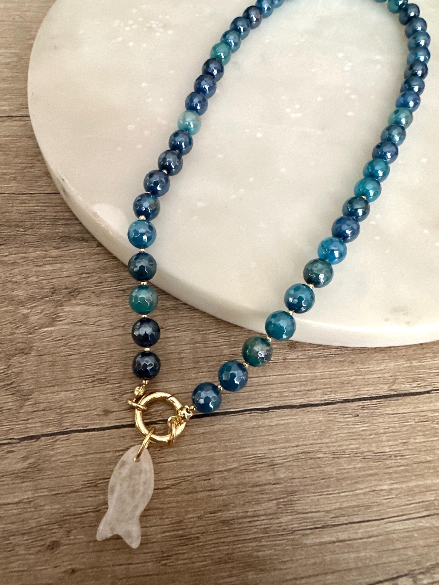 Blue Agate Beaded Necklace with White Quartz Fish Pendant, Gold Carabiner Clasp, Handmade Gemstone Necklace