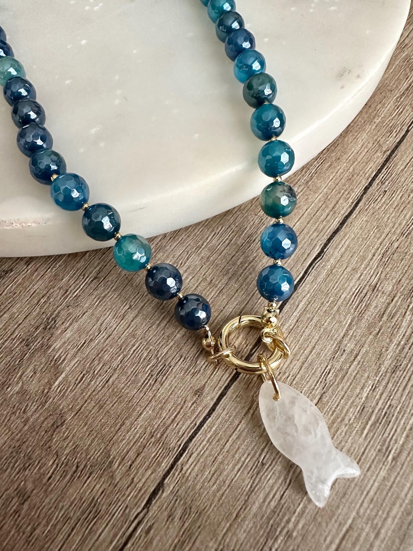 Blue Agate Beaded Necklace with White Quartz Fish Pendant, Gold Carabiner Clasp, Handmade Gemstone Necklace