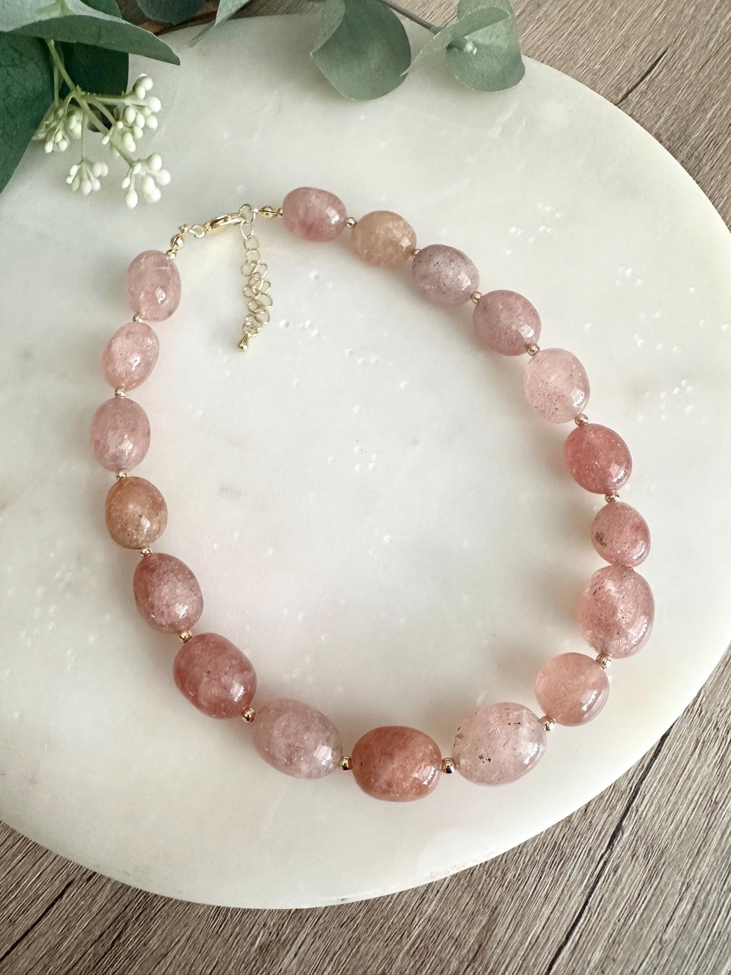 Strawberry Quartz Choker Necklace, Pink Gemstone Jewelry, Gold Filled Beaded Necklace, Everyday Minimal Necklace