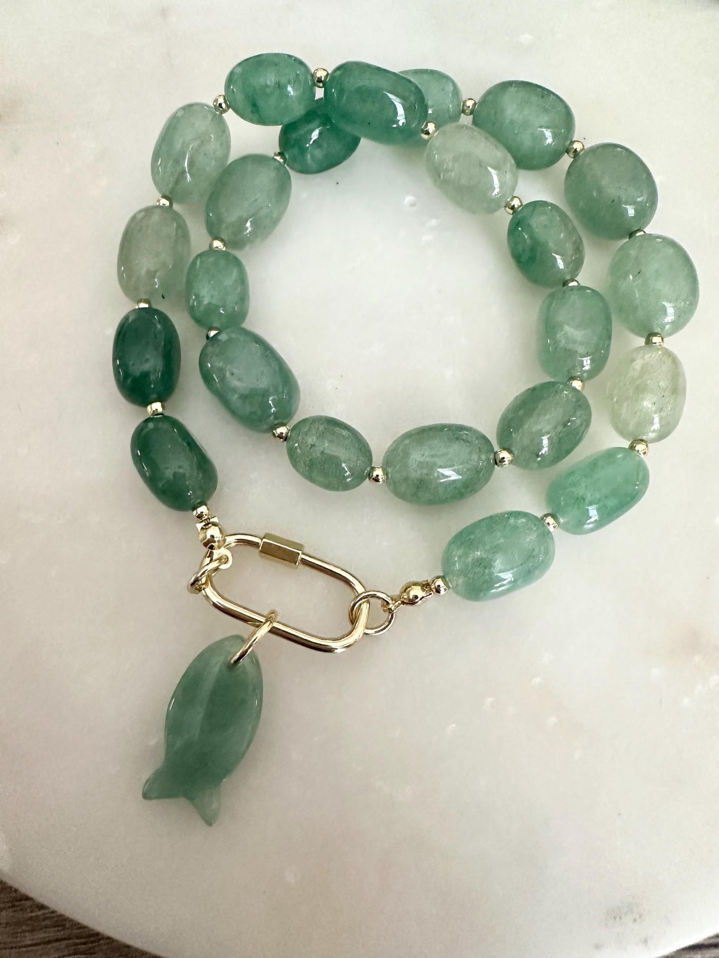 Green Strawberry Quartz Necklace with Aventurine Fish Pendant, Gold Filled Carabiner Clasp, 18 Inch Handmade Gemstone Necklace