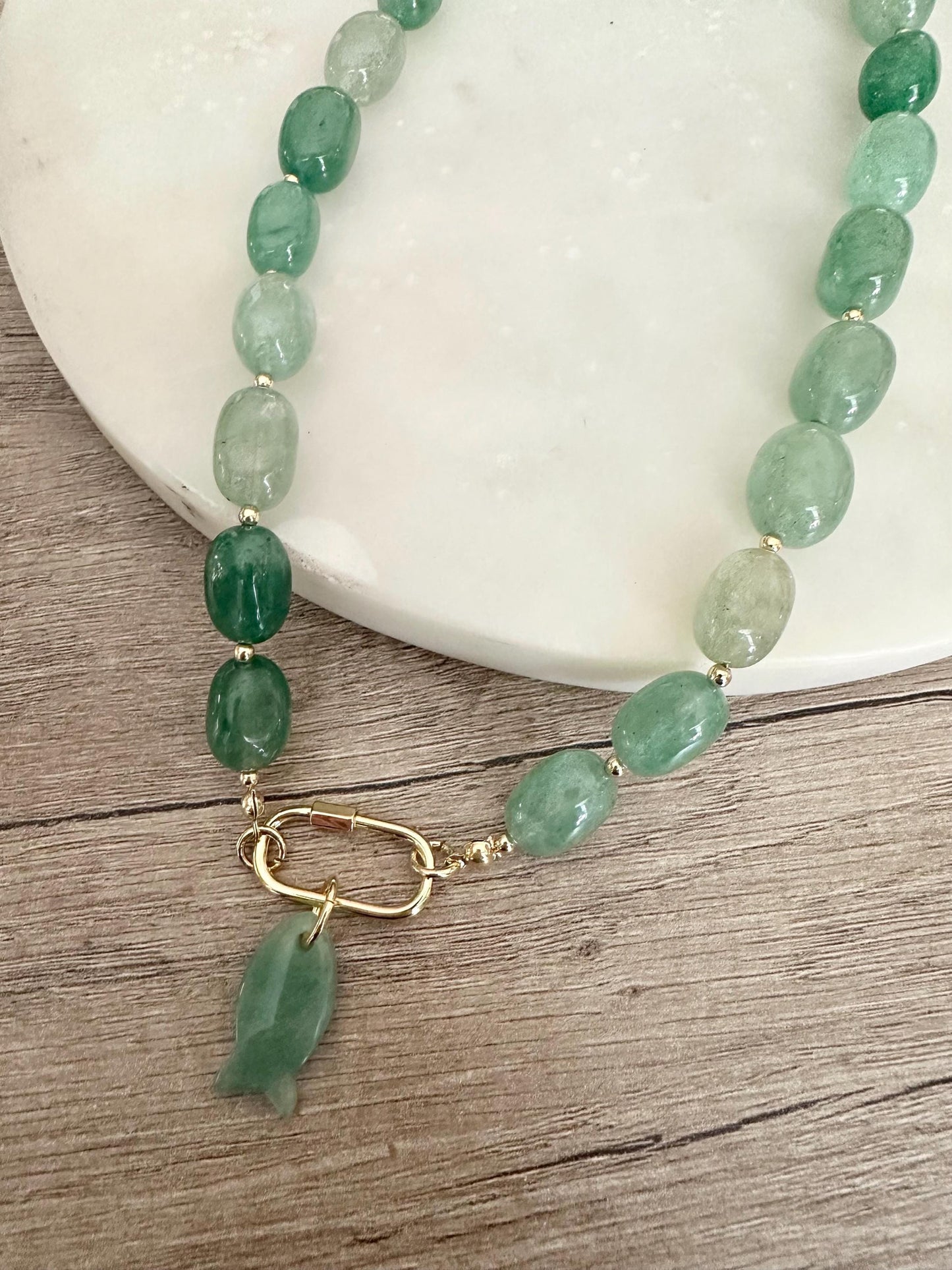 Green Strawberry Quartz Necklace with Aventurine Fish Pendant, Gold Filled Carabiner Clasp, 18 Inch Handmade Gemstone Necklace
