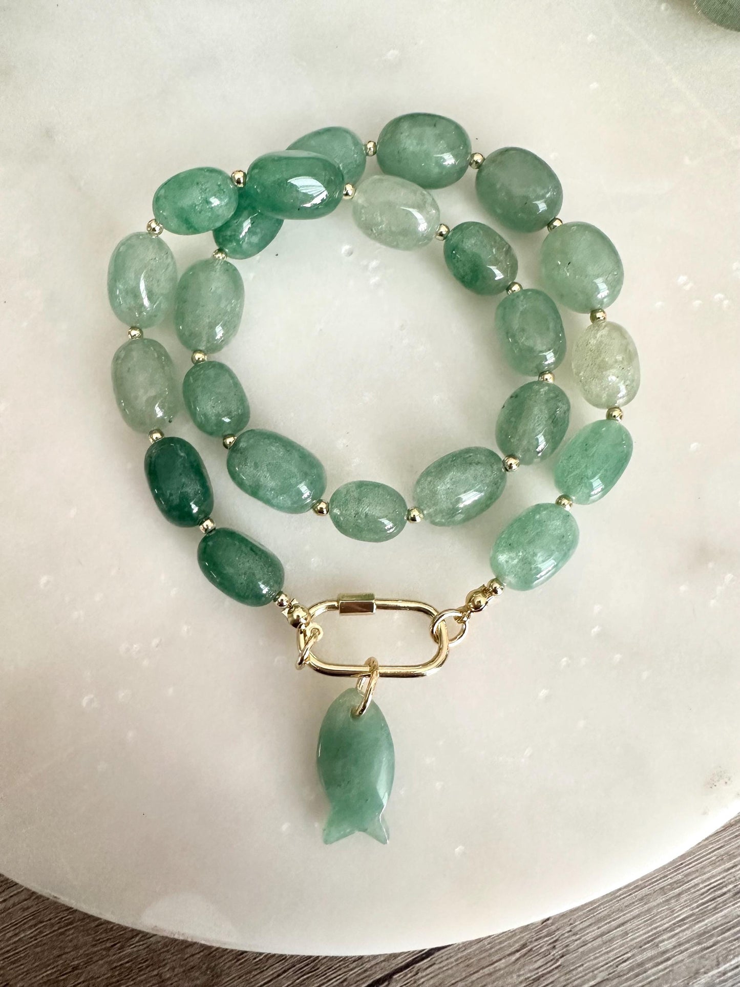 Green Strawberry Quartz Necklace with Aventurine Fish Pendant, Gold Filled Carabiner Clasp, 18 Inch Handmade Gemstone Necklace