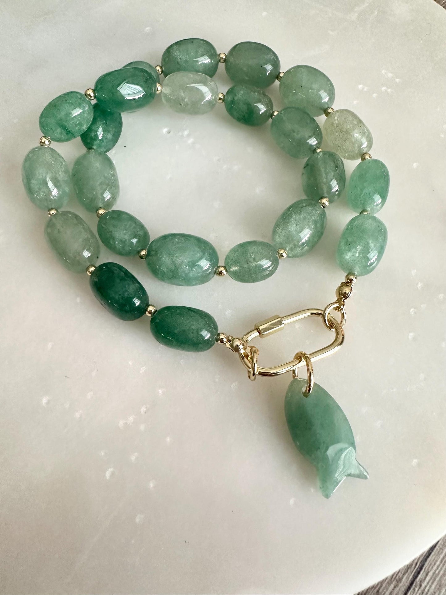 Green Strawberry Quartz Necklace with Aventurine Fish Pendant, Gold Filled Carabiner Clasp, 18 Inch Handmade Gemstone Necklace