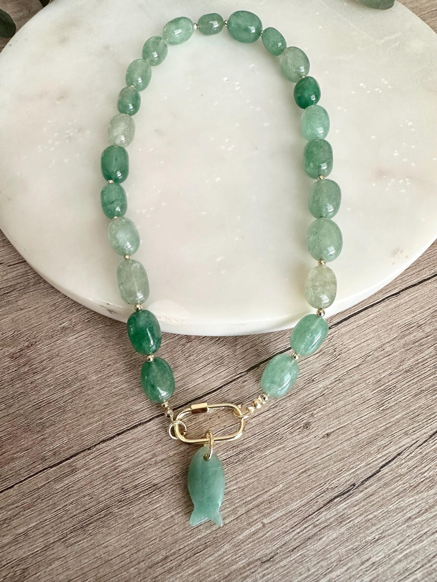 Green Strawberry Quartz Necklace with Aventurine Fish Pendant, Gold Filled Carabiner Clasp, 18 Inch Handmade Gemstone Necklace