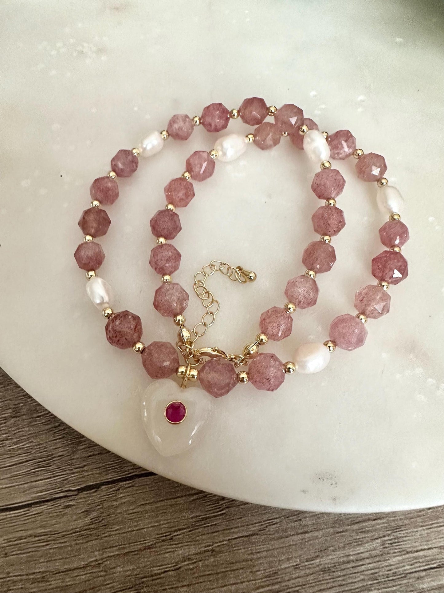 Natural Strawberry Quartz Necklace with Moonstone Heart Pendant, Freshwater Pearls, Gold Filled Jewelry