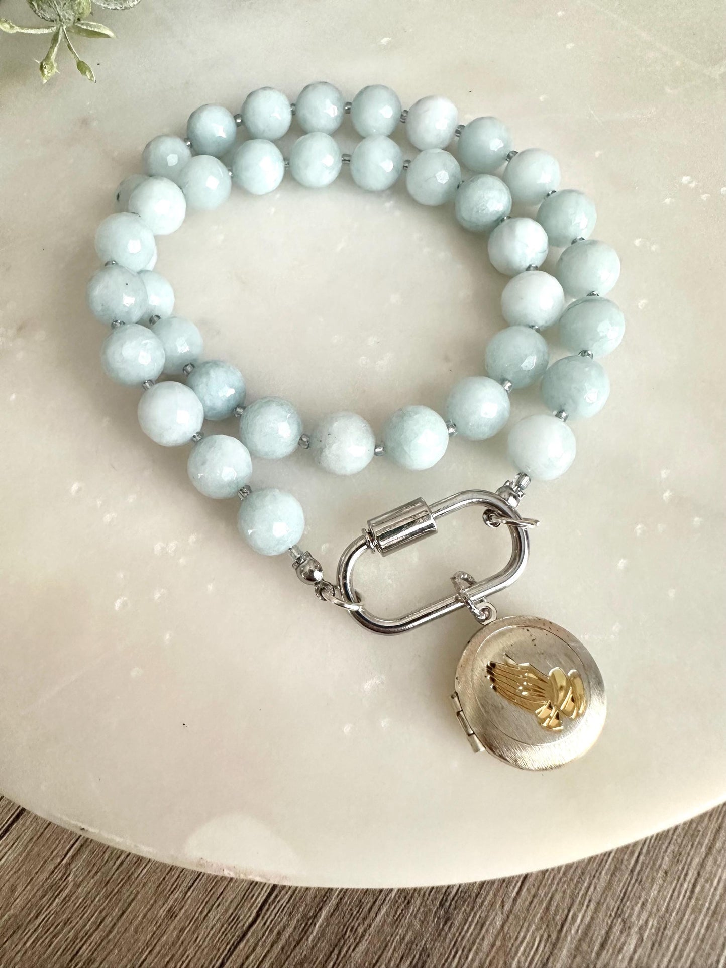 Light Blue Jade Beaded Necklace – Silver Praying Hands Locket Pendant
