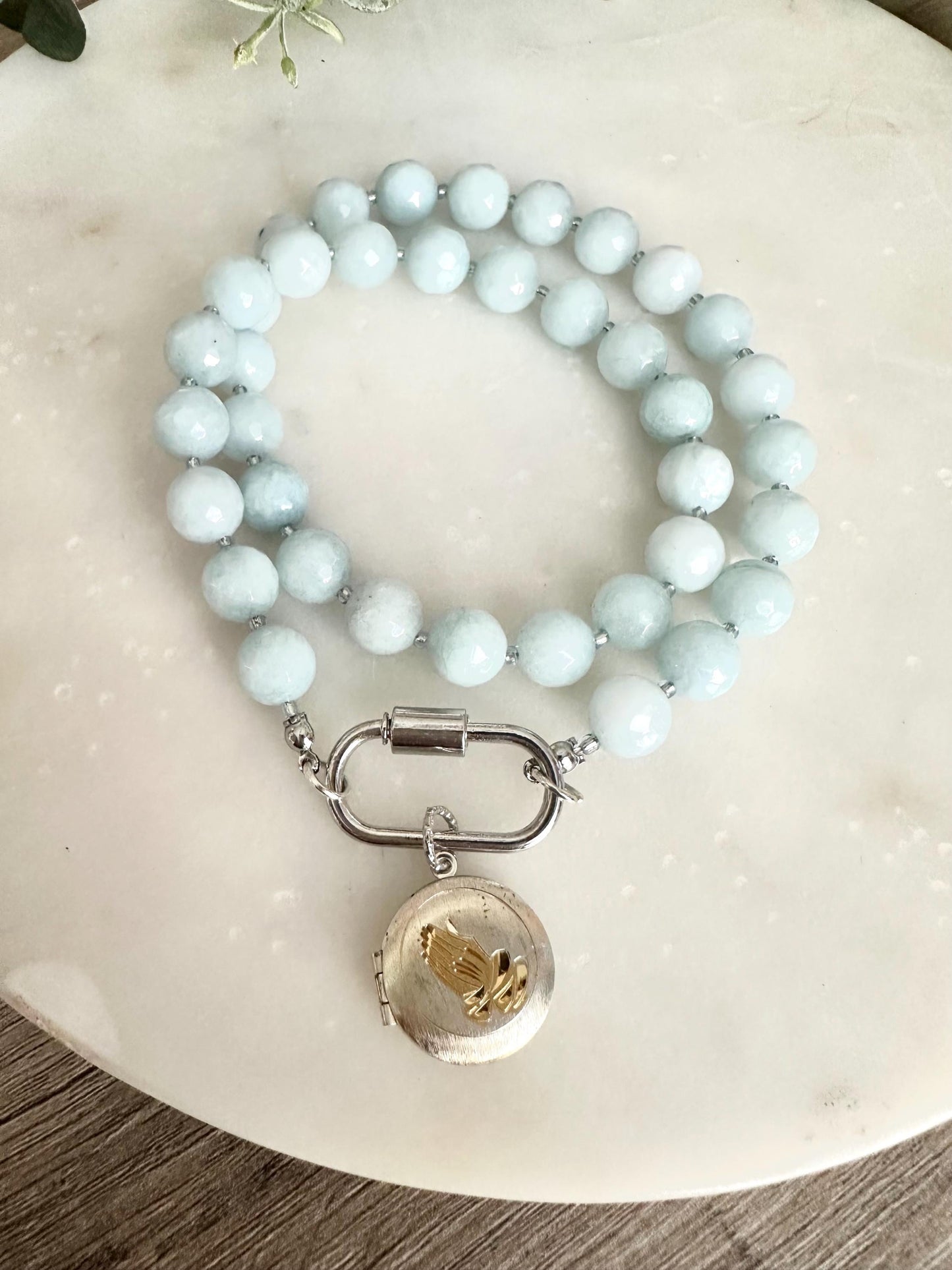 Light Blue Jade Beaded Necklace – Silver Praying Hands Locket Pendant