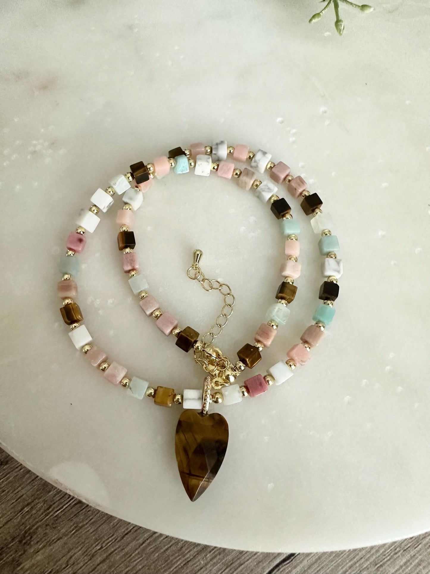 Tiger’s Eye Heart Necklace, Multi Gemstone Cube Beads, Gold Filled Necklace, Handmade Jewelry