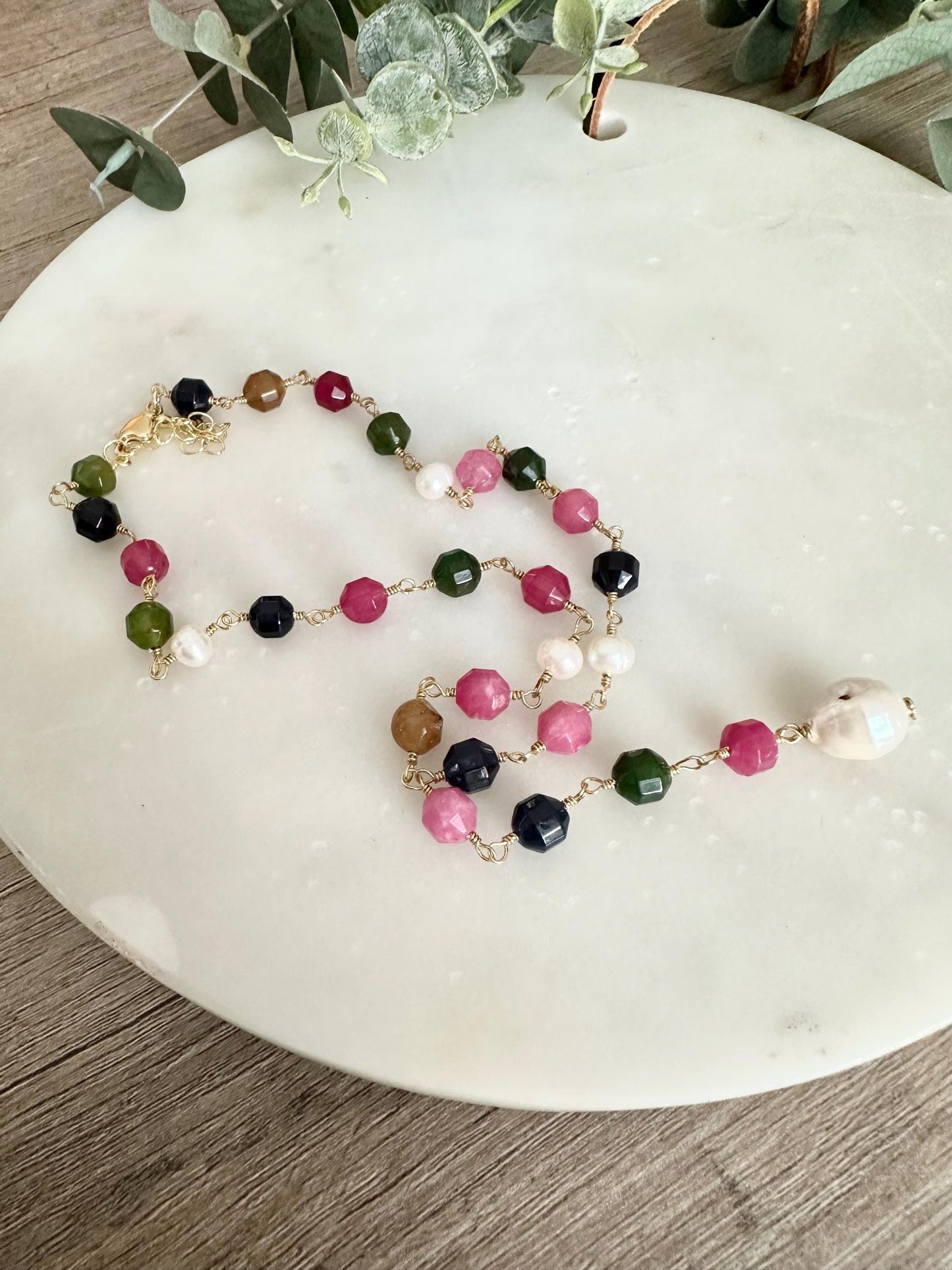 Multicolor Jade Lariat Necklace with Freshwater Pearls, Baroque Pearl Drop, Gold Necklace