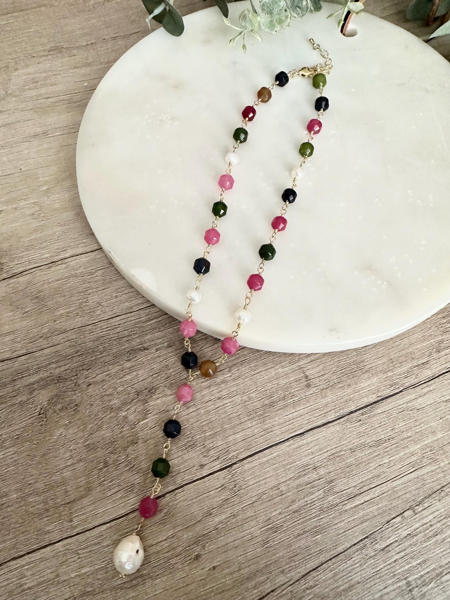 Multicolor Jade Lariat Necklace with Freshwater Pearls, Baroque Pearl Drop, Gold Necklace