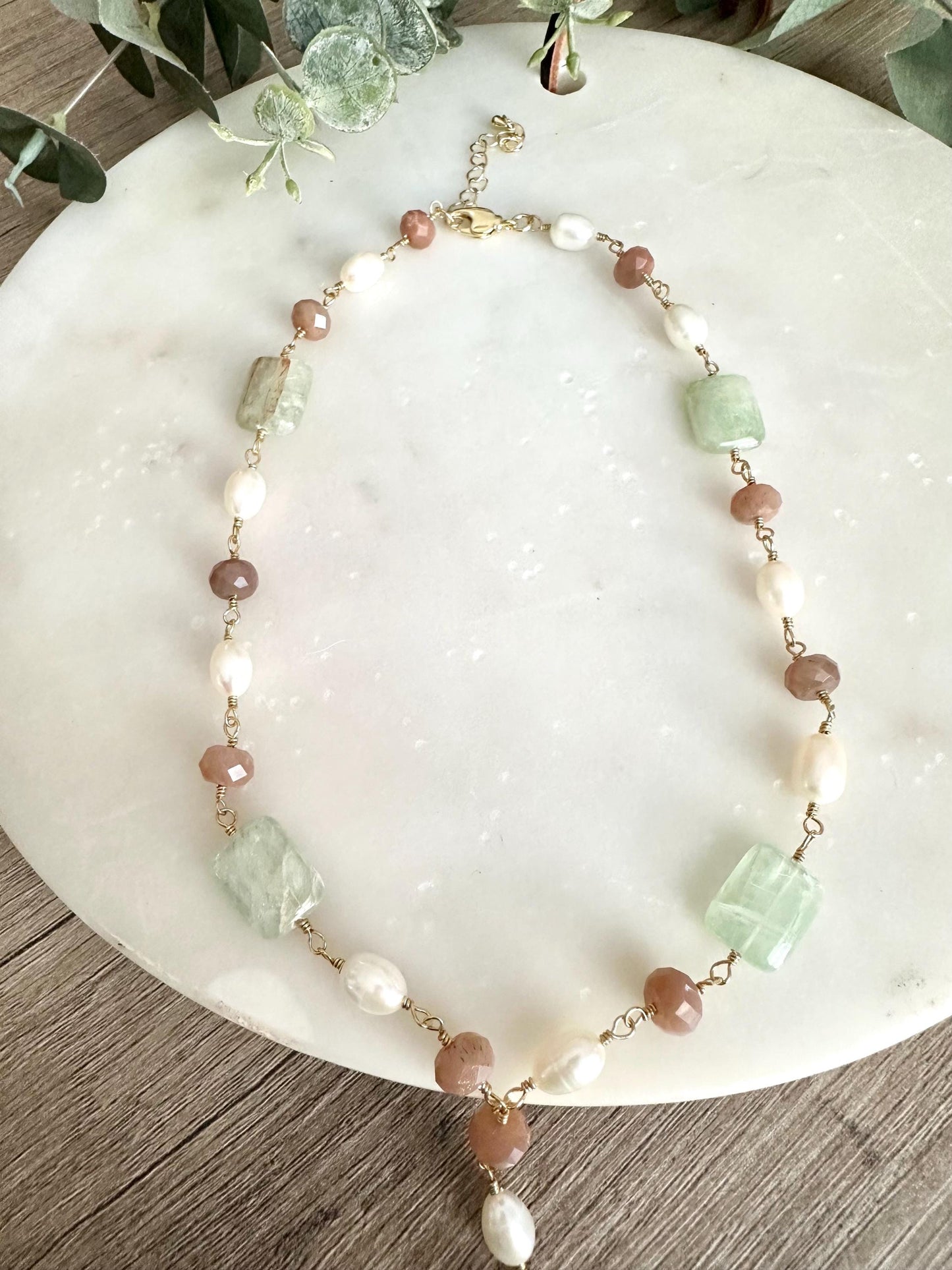 Peach Moonstone Lariat Necklace with Freshwater Pearls & Green Kyanite, Gold Necklace