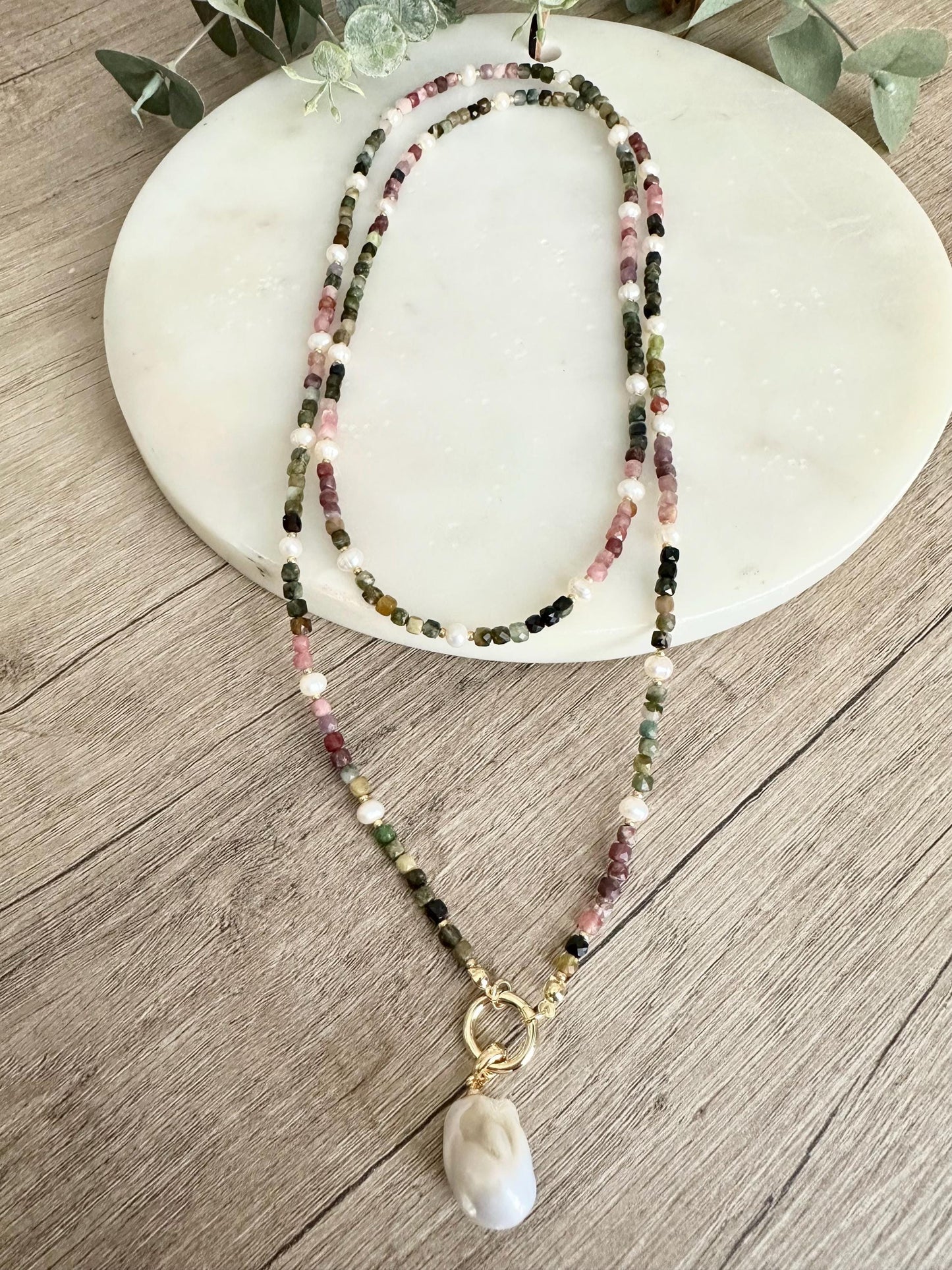 Tourmaline Wrap Necklace with Freshwater Pearls & Baroque Pearl Pendant