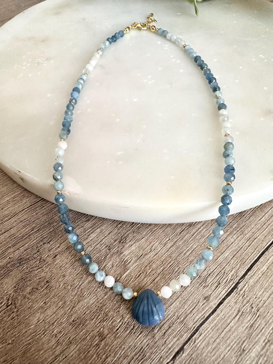 Gradient Aquamarine Necklace with Blue Opal Shell | Minimal Gold Filled Gemstone Necklace | 16” + Extender