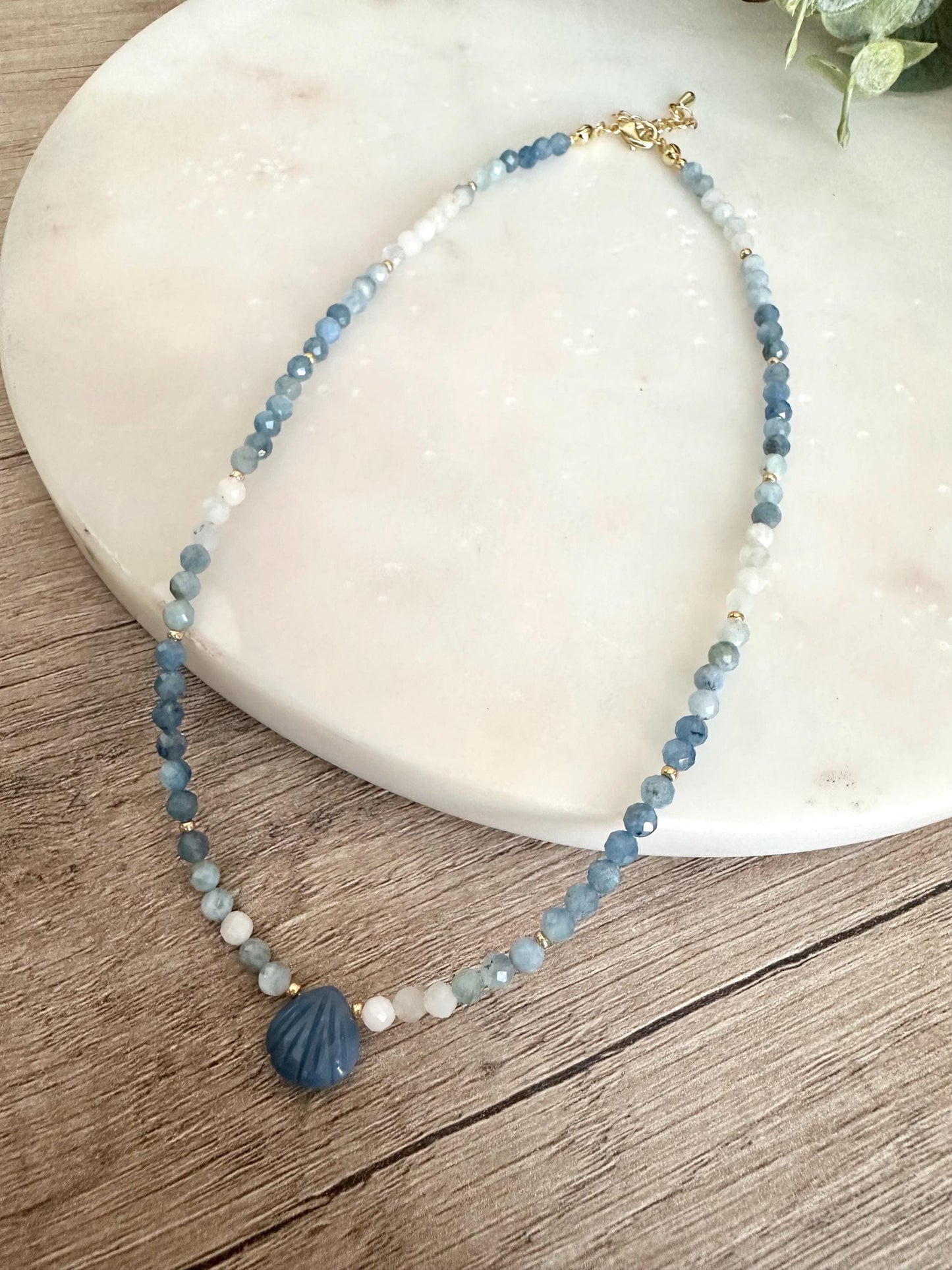 Gradient Aquamarine Necklace with Blue Opal Shell | Minimal Gold Filled Gemstone Necklace | 16” + Extender