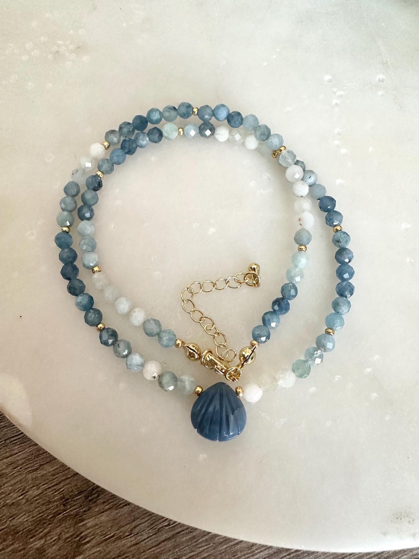 Gradient Aquamarine Necklace with Blue Opal Shell | Minimal Gold Filled Gemstone Necklace | 16” + Extender