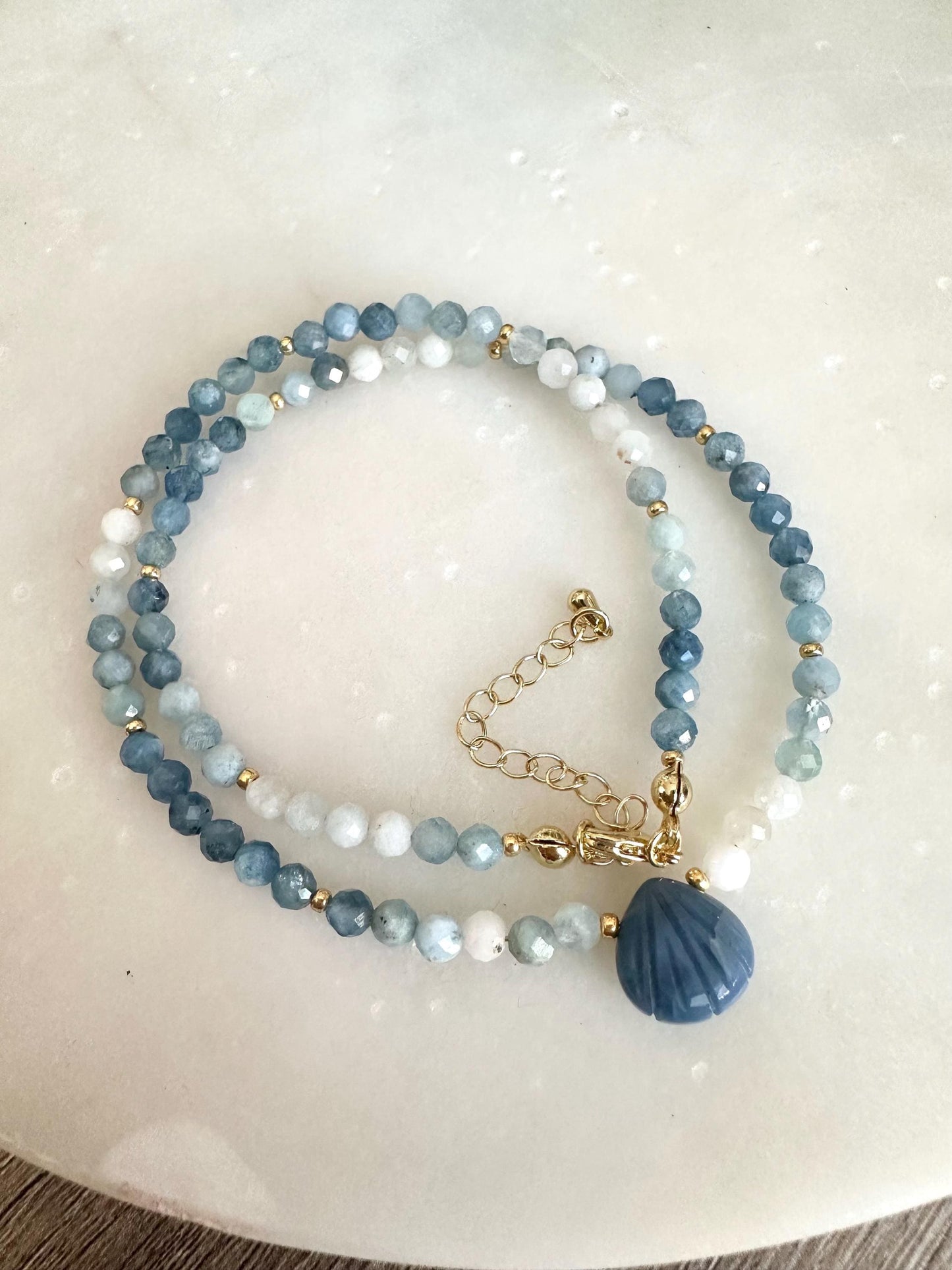 Gradient Aquamarine Necklace with Blue Opal Shell | Minimal Gold Filled Gemstone Necklace | 16” + Extender