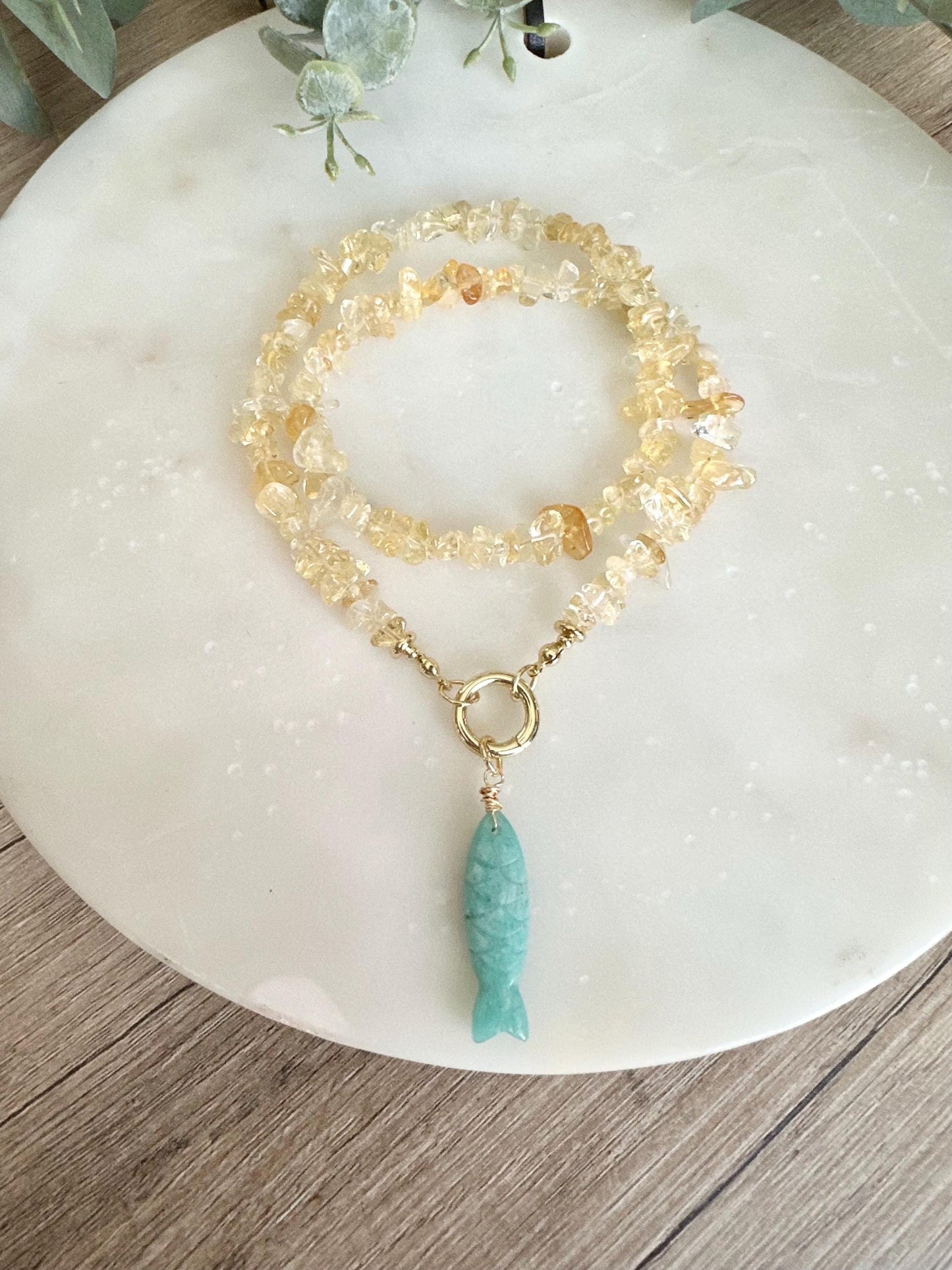 Citrine Chip Necklace with Amazonite Fish Pendant, Yellow Gemstone Necklace