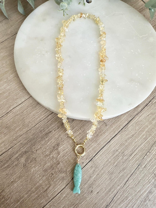 Citrine Chip Necklace with Amazonite Fish Pendant, Yellow Gemstone Necklace