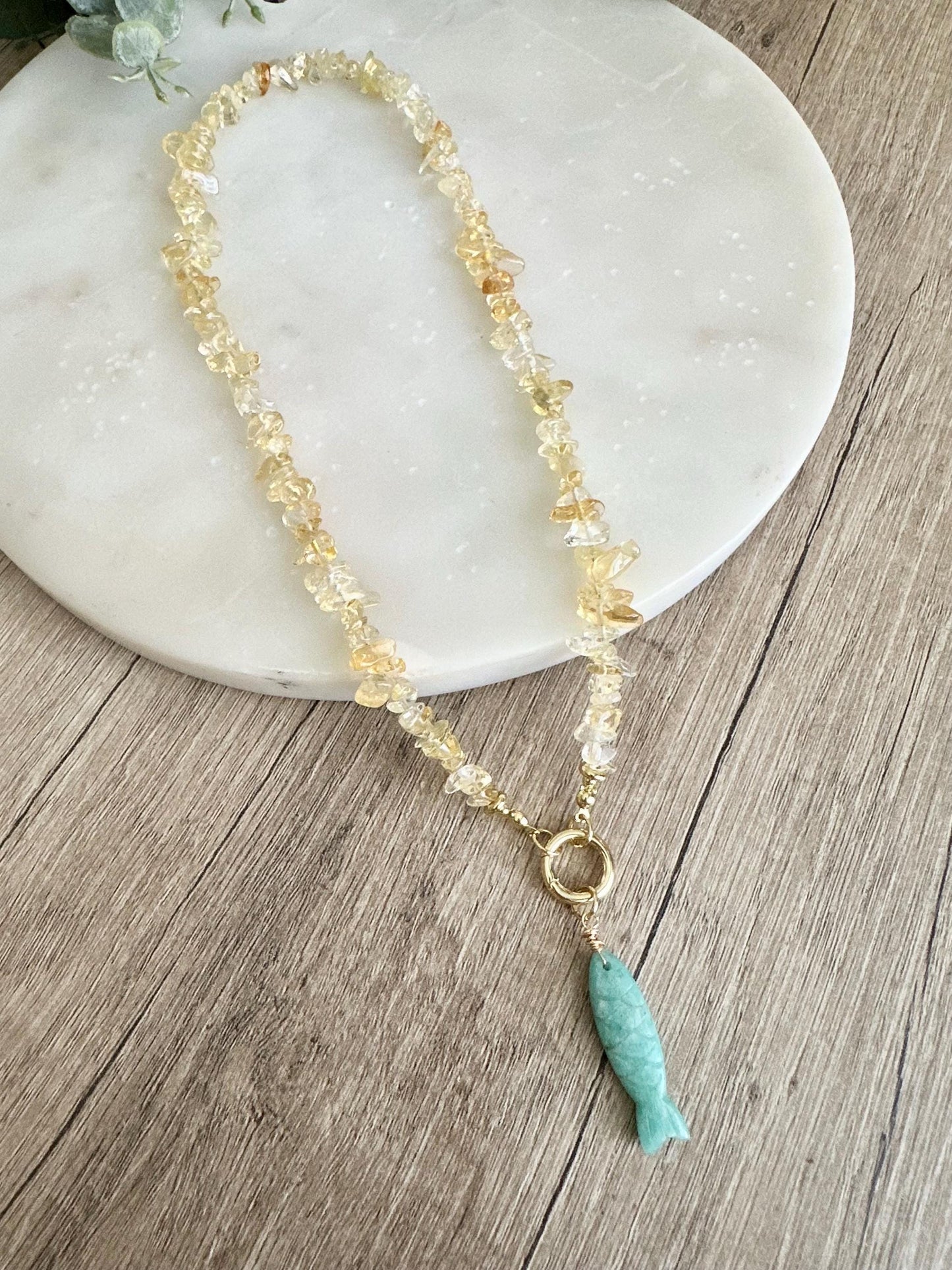 Citrine Chip Necklace with Amazonite Fish Pendant, Yellow Gemstone Necklace