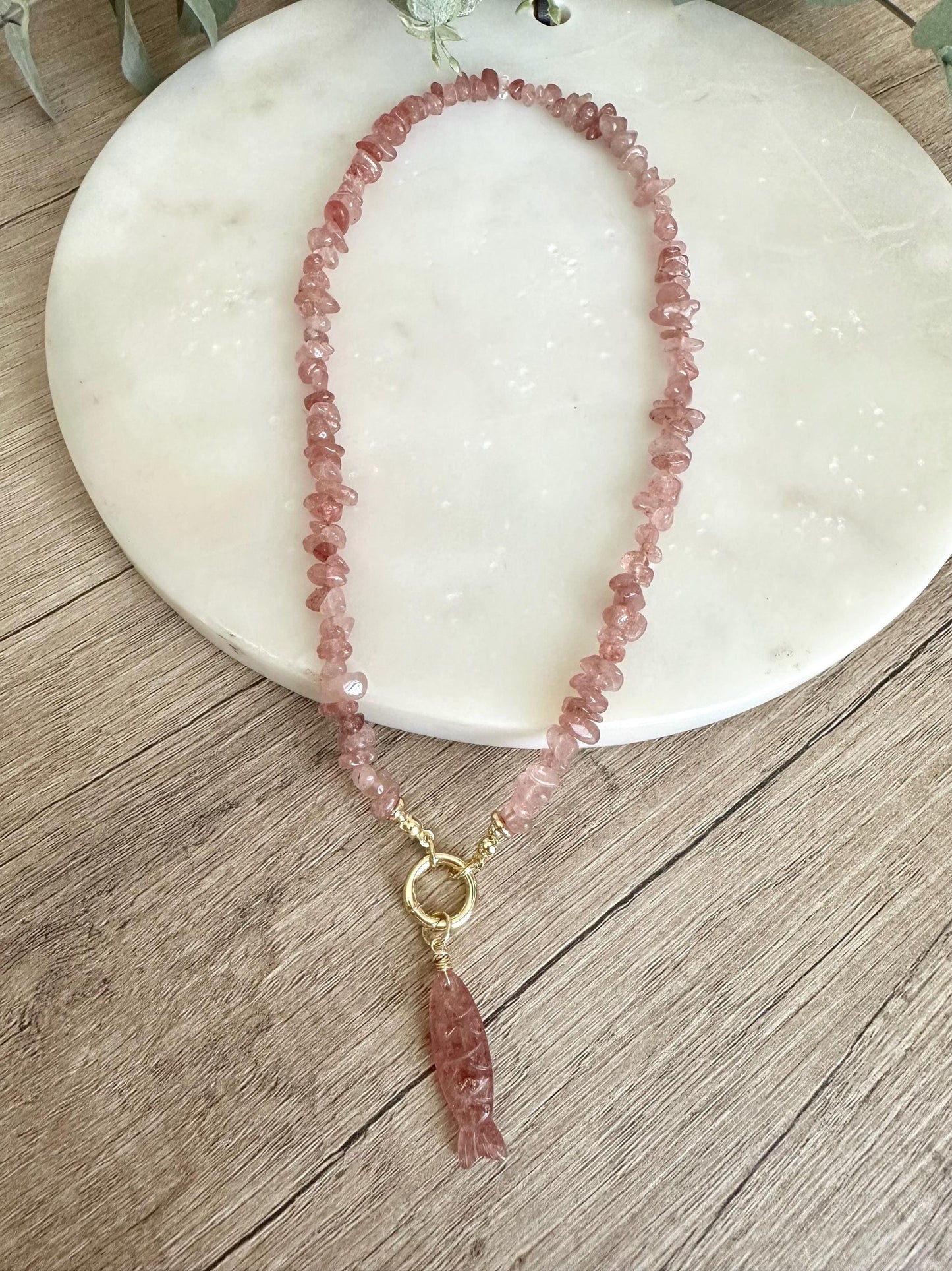 Strawberry Quartz Chip Necklace and Fish Pendant,  Gemstone Necklace