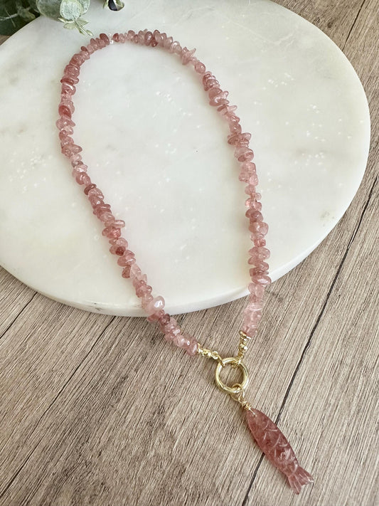 Strawberry Quartz Chip Necklace and Fish Pendant,  Gemstone Necklace