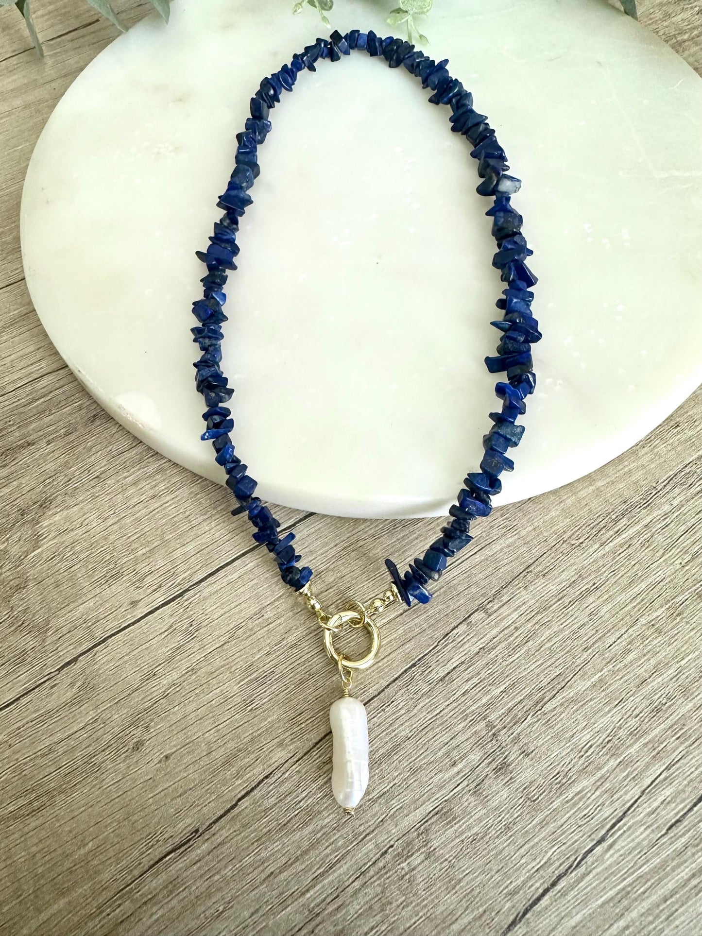 Lapis Lazuli Chip Necklace with Freshwater Pearl Pendant, Blue Gemstone Statement Necklace, Gold Filled 18”
