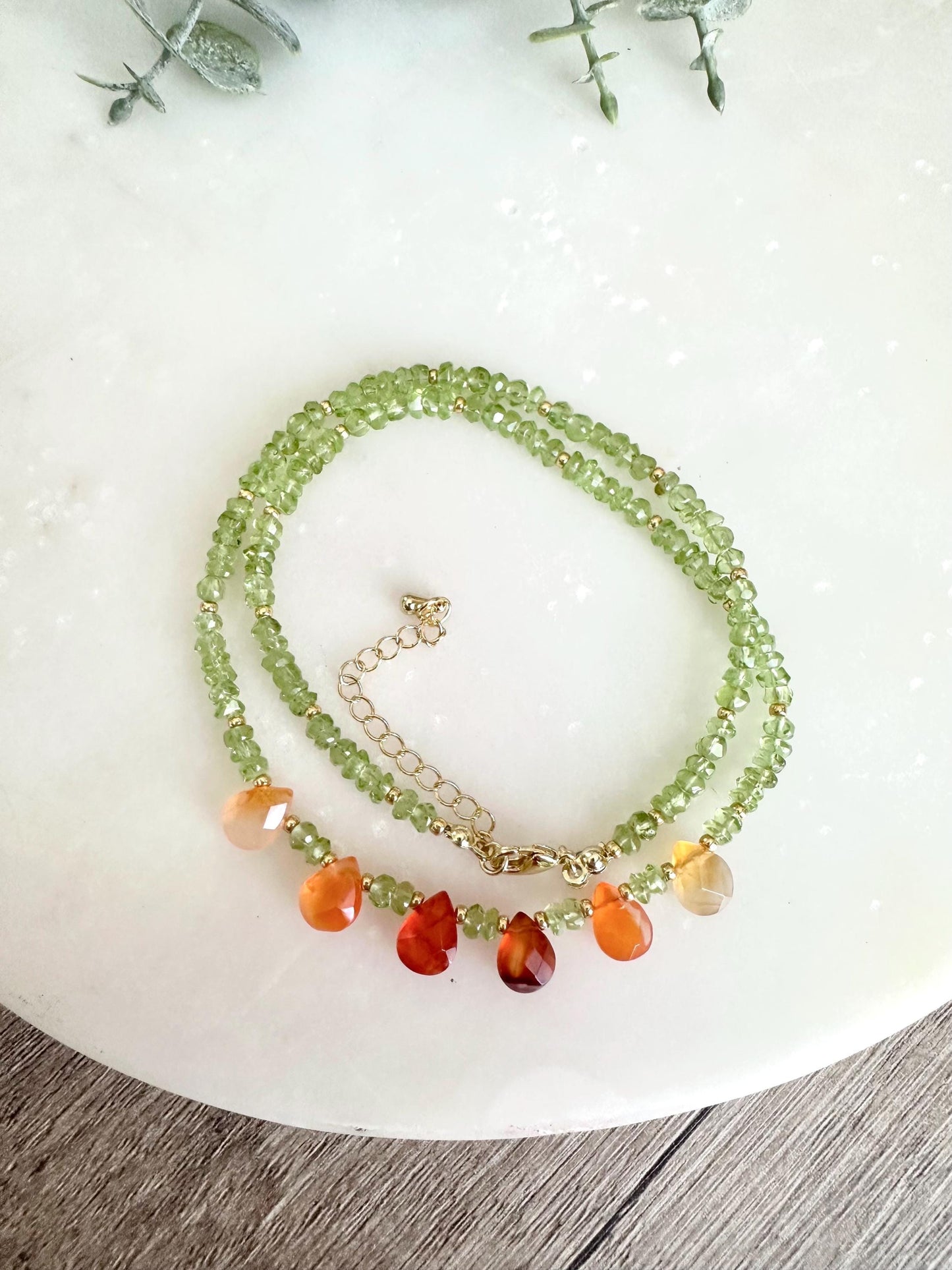 Peridot Necklace with Carnelian Drops, Dainty Green Gemstone Necklace, Gold Filled Minimalist Layering Necklace, Handmade Jewelry