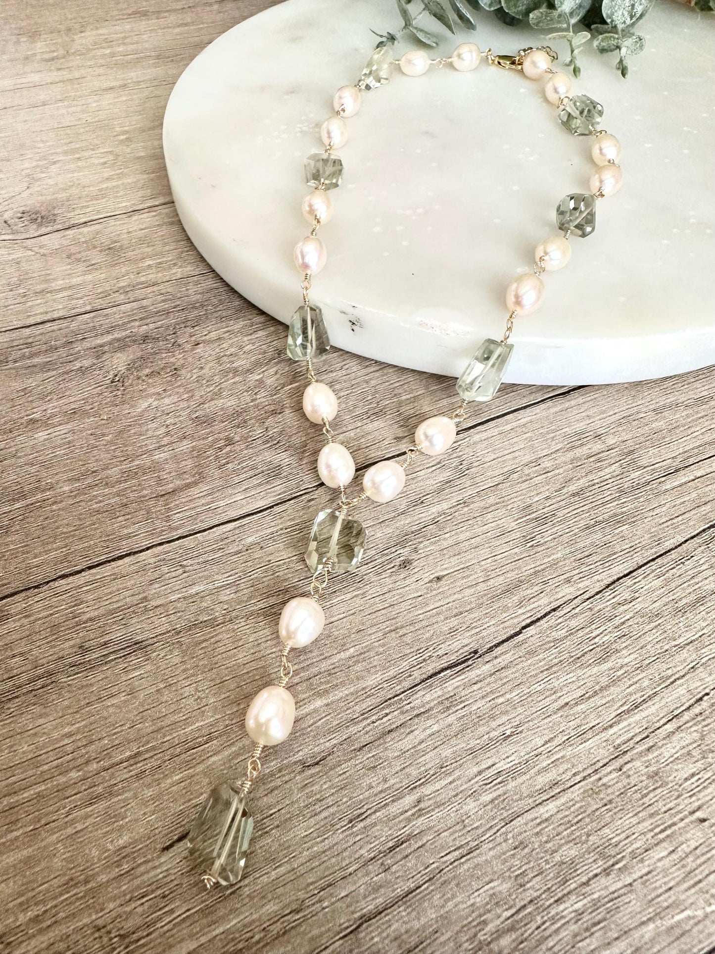 Green Amethyst and Freshwater Pearl Lariat Necklace • Hand Wire Wrapped Bridal Jewelry