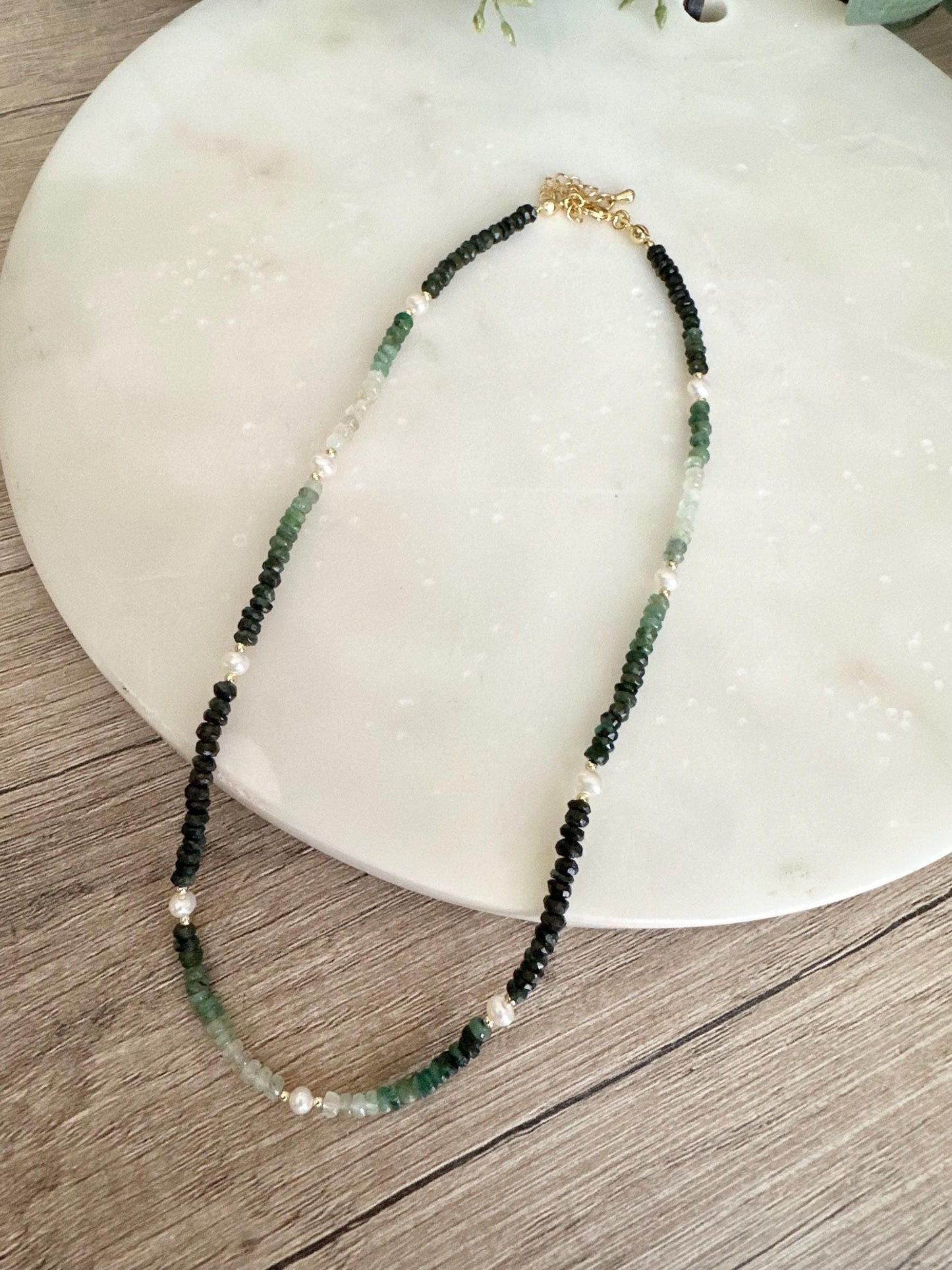 Ombre Emerald Necklace with Freshwater Pearls, Gold Filled Gemstone Necklace, Dainty 16” Layering Jewelry